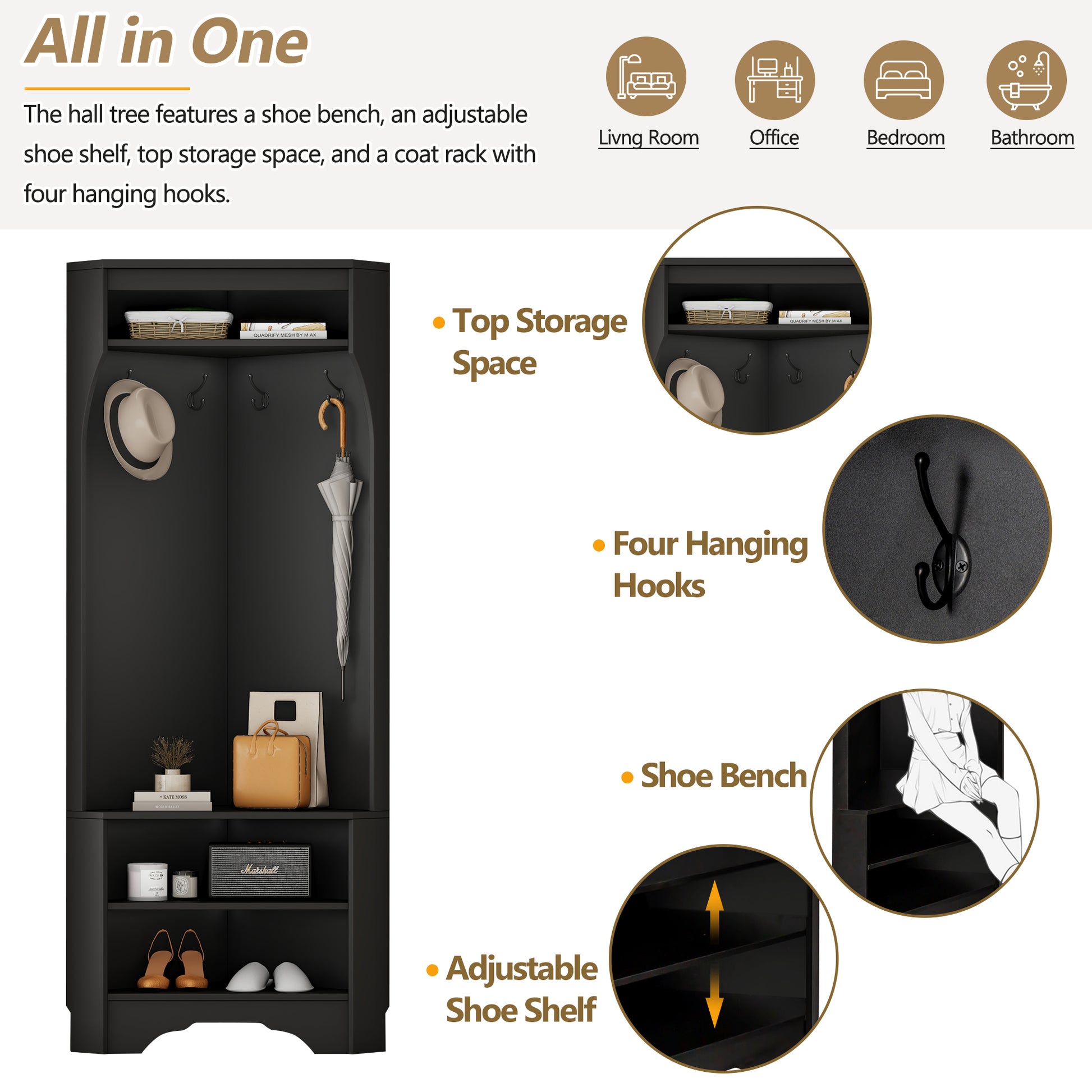 Minimalist Corner Hall Tree With Shoe Bench, Versatile Entryway Coat Rack With 4 Hooks, Corner Cabinet With Adjustable Shelf For Hallway, Living Room, Black, 29.5''W*71.6''H Black Particle Board