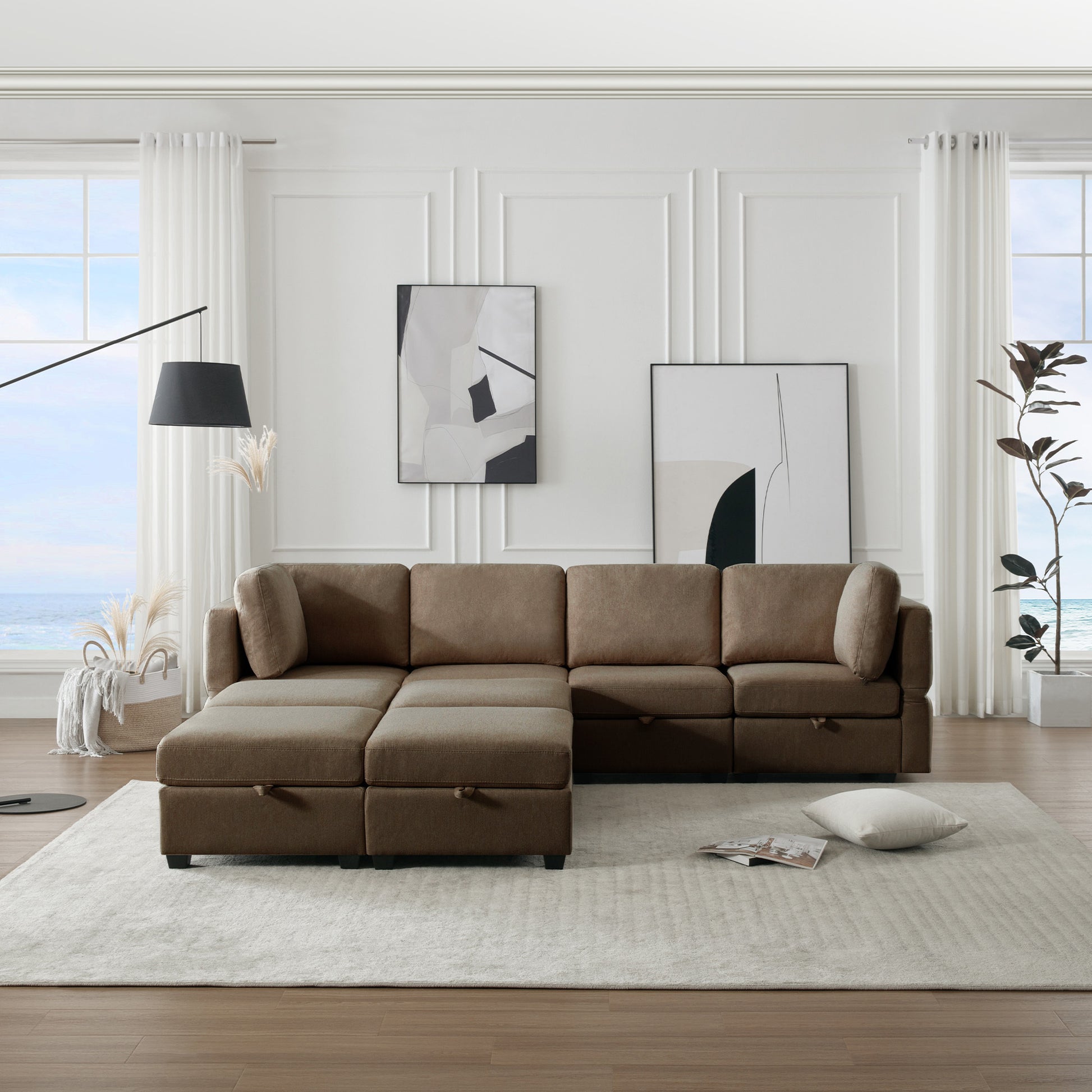 Modular Convertible U Shaped Sectional Sofa Couch With Storage Ottoman Corner Couch For Living Room, Adjustable Arms And Backs Brown Brown Polyester 4 Seat