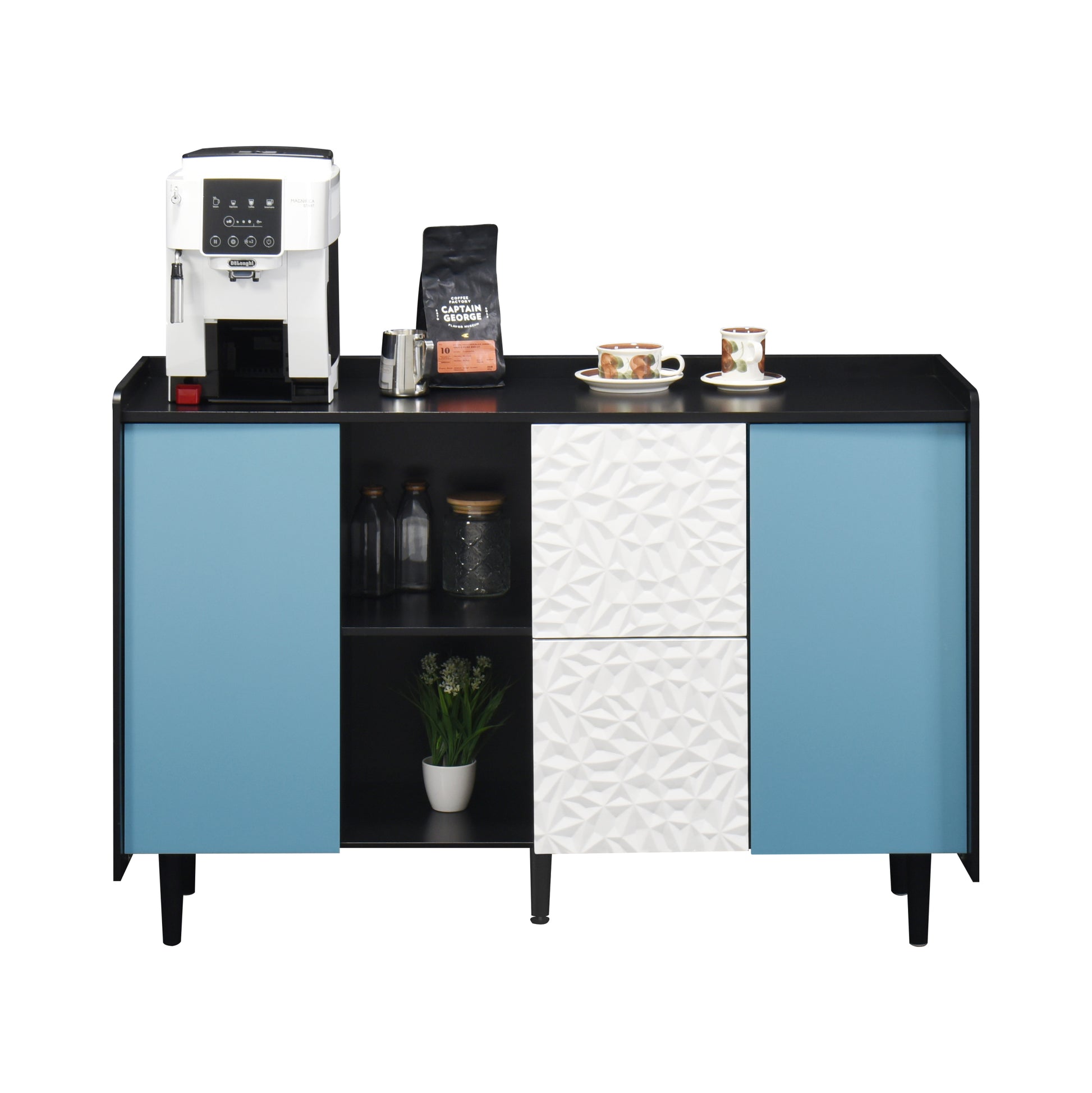 Sideboard Buffet Cabinet, Black Storage Cabinet With Blue Doors2 Drawers With Unique Panel Styling And 2 Open Storage Compartment, Modern Coffee Bar Cabinet Accent Cabinet For Kitchen, Dining Room Black Blue Mdf