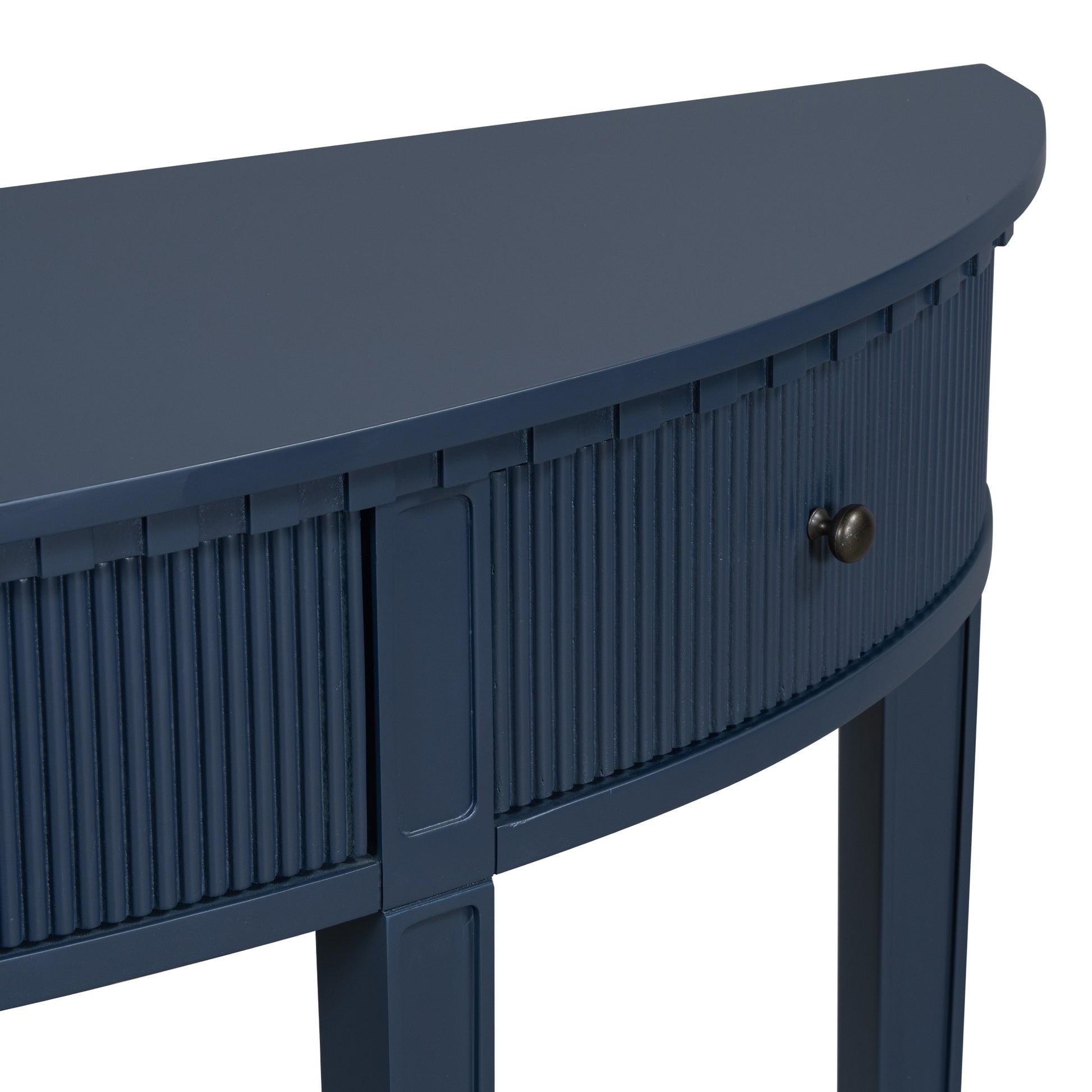 Distinctive Features Of Pine Veneer Console Table With Vertical Stripe Drawer Fronts And Four Legs Navy Blue Primary Living Space Minimalist Mdf