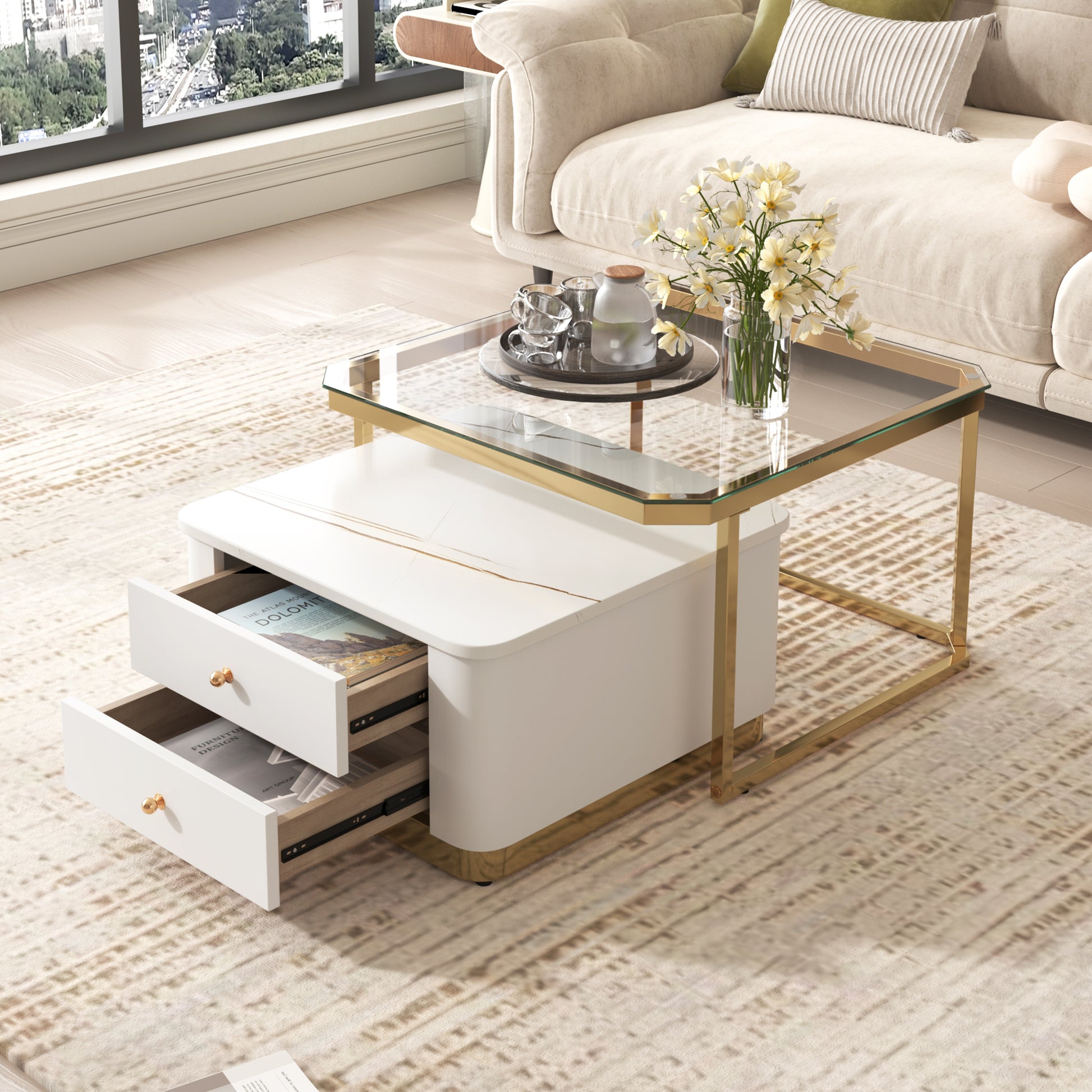 Modern 2 Pieces White Square Nesting Coffee Table With Drawers & Electroplated Gold Legs In 27.6'' Golden White Square Drawers Coffee & End Tables Glossy Square Mdf Glass Mdf Pedestal