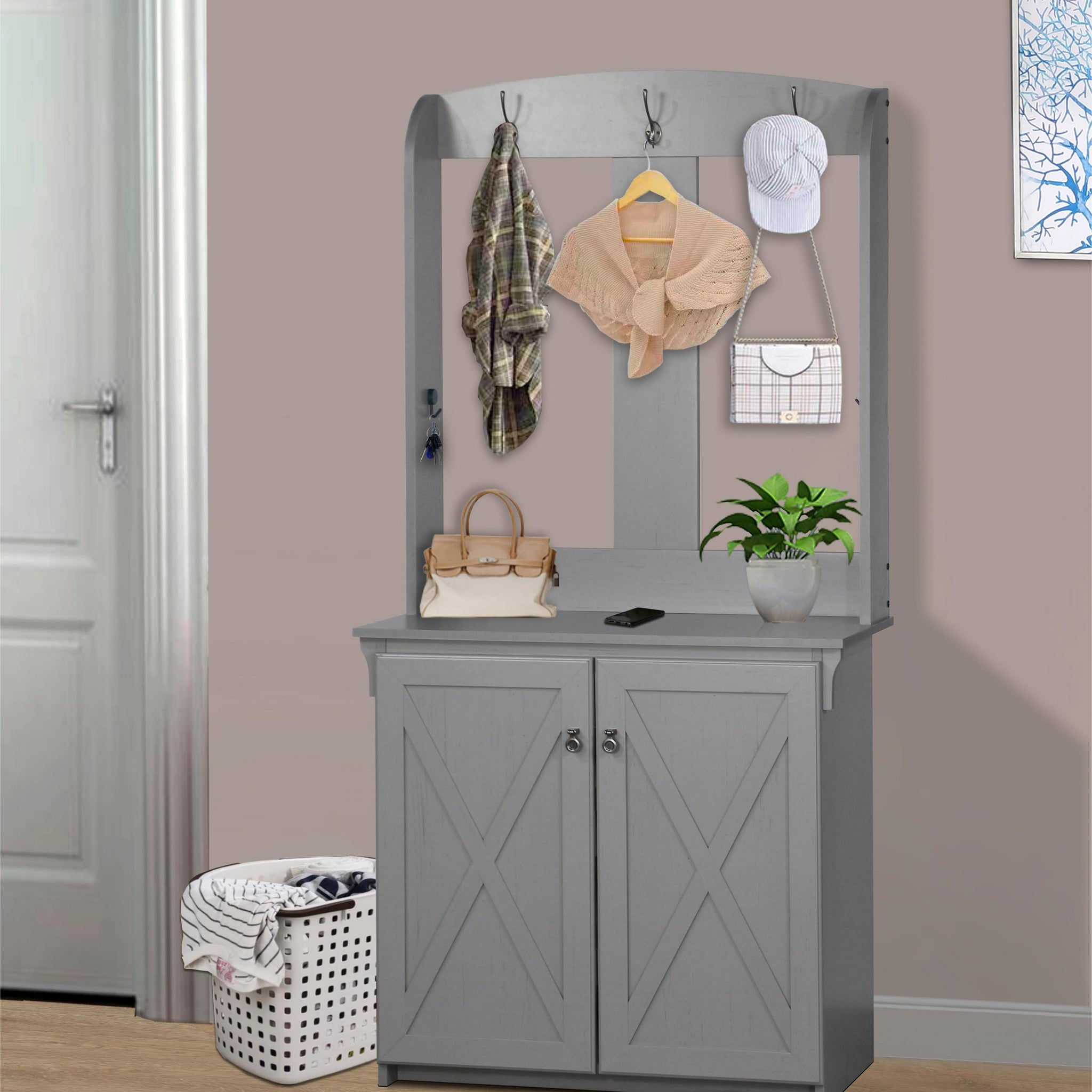 Hall Tree & Cabinet "Sophisticated Cape Code Gray Hall Tree With Bench And Shoe Storage Elegant Entryway Organizer With Adjustable Shelves" Gray Solid Wood