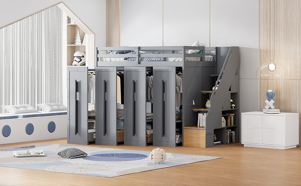 Modern Loft Bed With Two Tone Storage Stairs And Pull Out Wardrobes, Gray Twin Gray Solid Wood Mdf