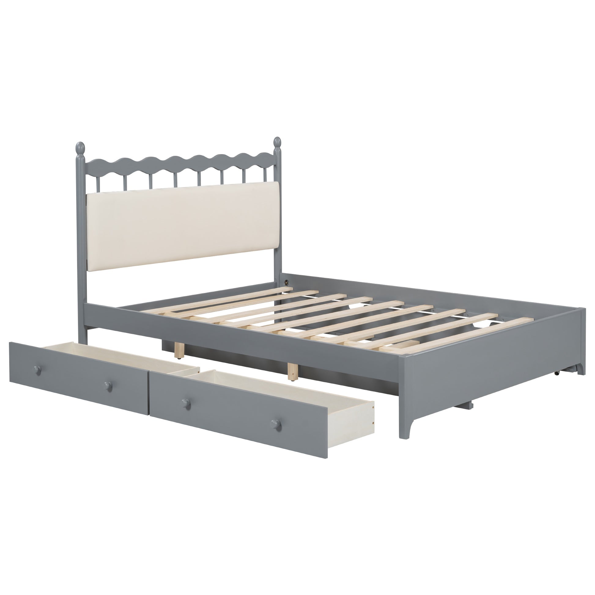 Queen Size Wooden Storage Platform Bed, With 2 Big Drawers, T Size Trundle, Gray Queen Gray Plywood
