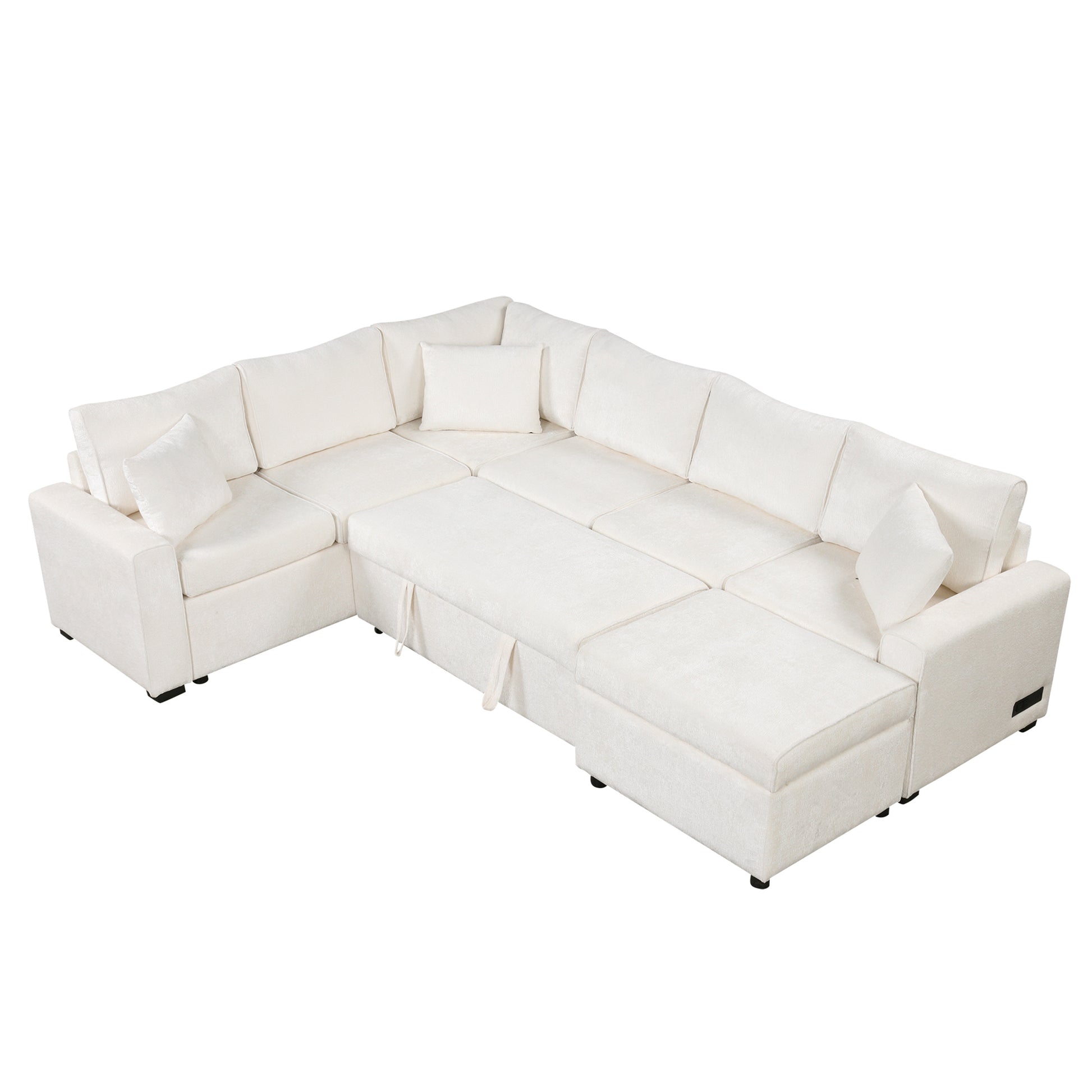 112.2" Sectional Sofa Pull Out Sofa Bed Sleeper With A Storage Ottoman,Three Pillows And Charging Devices For Living Room, Cream Cream Foam Chenille 6 Seat