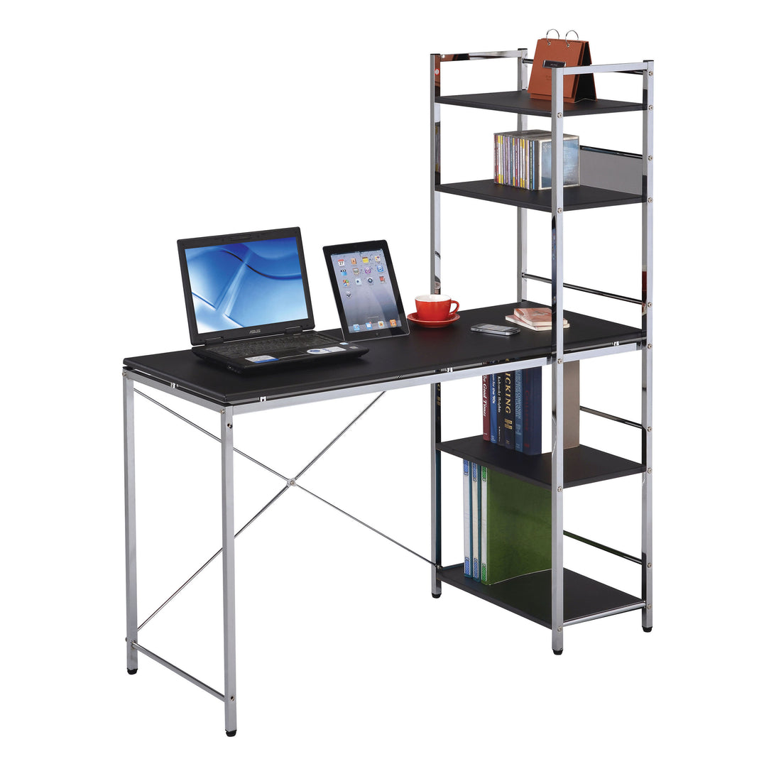 Black And Chrome Writing Desk With Shelf Black Silver Office Contemporary Freestanding Rectangular Shelves Wood Metal