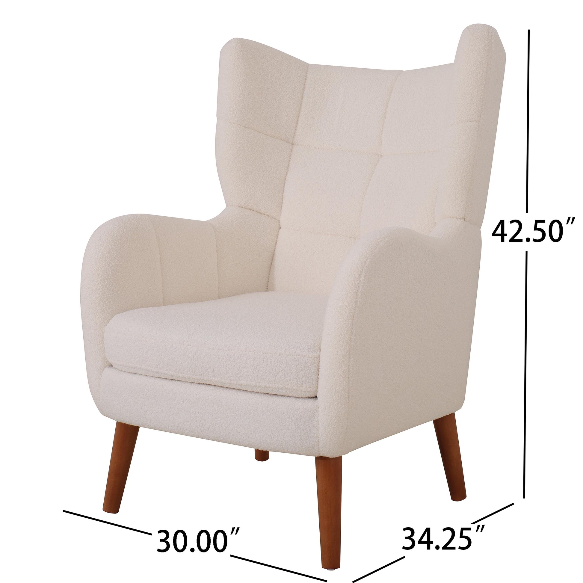 Mid Century Accent Chair, Ivory White, Modern Retro Lounge Armchair, Birch Frame, Upholstered Teddy Wool Fabric, Single Sofa Armchair For Small Spaces, Living Room, Bedroom, Reading Corner, Balcony Ivory White Espresso Primary Living Space