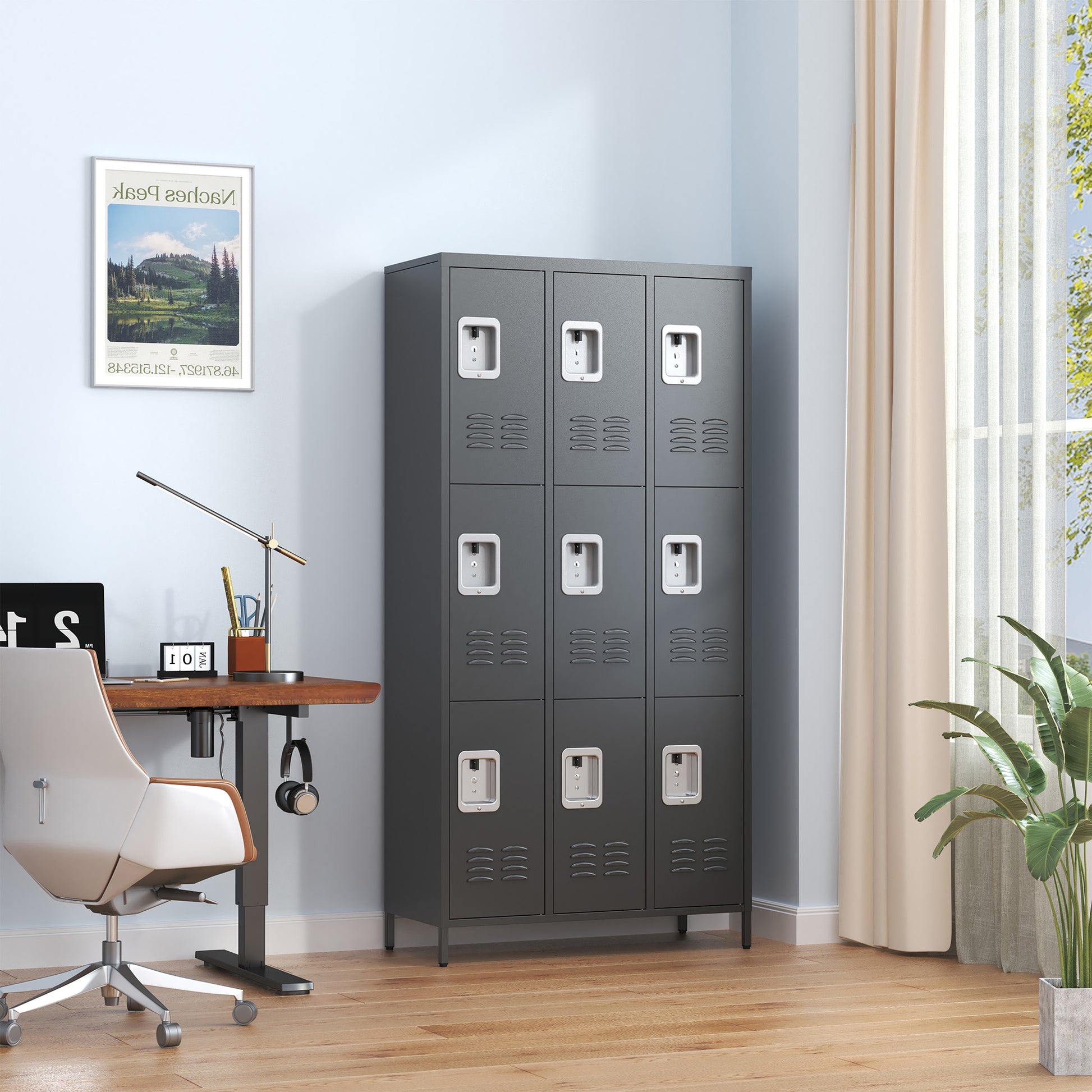 9 Door 72"H Metal Lockers With Lock For Employees,School,Office,Gym,Bedroom,Storage Locker Cabinet,Gray,Assembly Required,Black 5 Or More Spaces Black Primary Living Space Door Locks Modern Metal