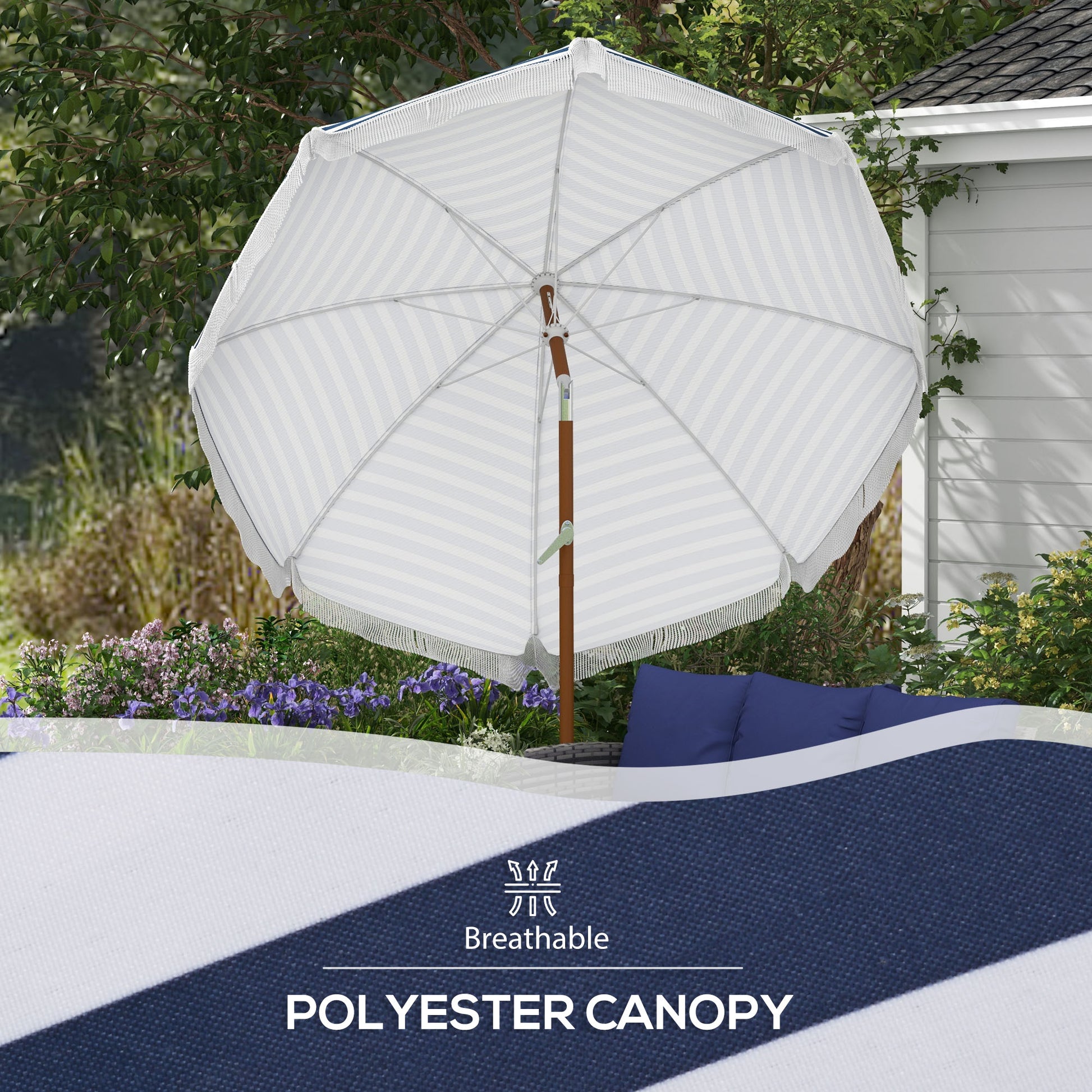 7' patio umbrella with tilt Outsunny 7 X 7 ft Outdoor Patio Umbrella With Tilt, Vent, Market Table Umbrella Parasol With Fringed Ruffles And Flounce, Blue Strip Blue Polyester
