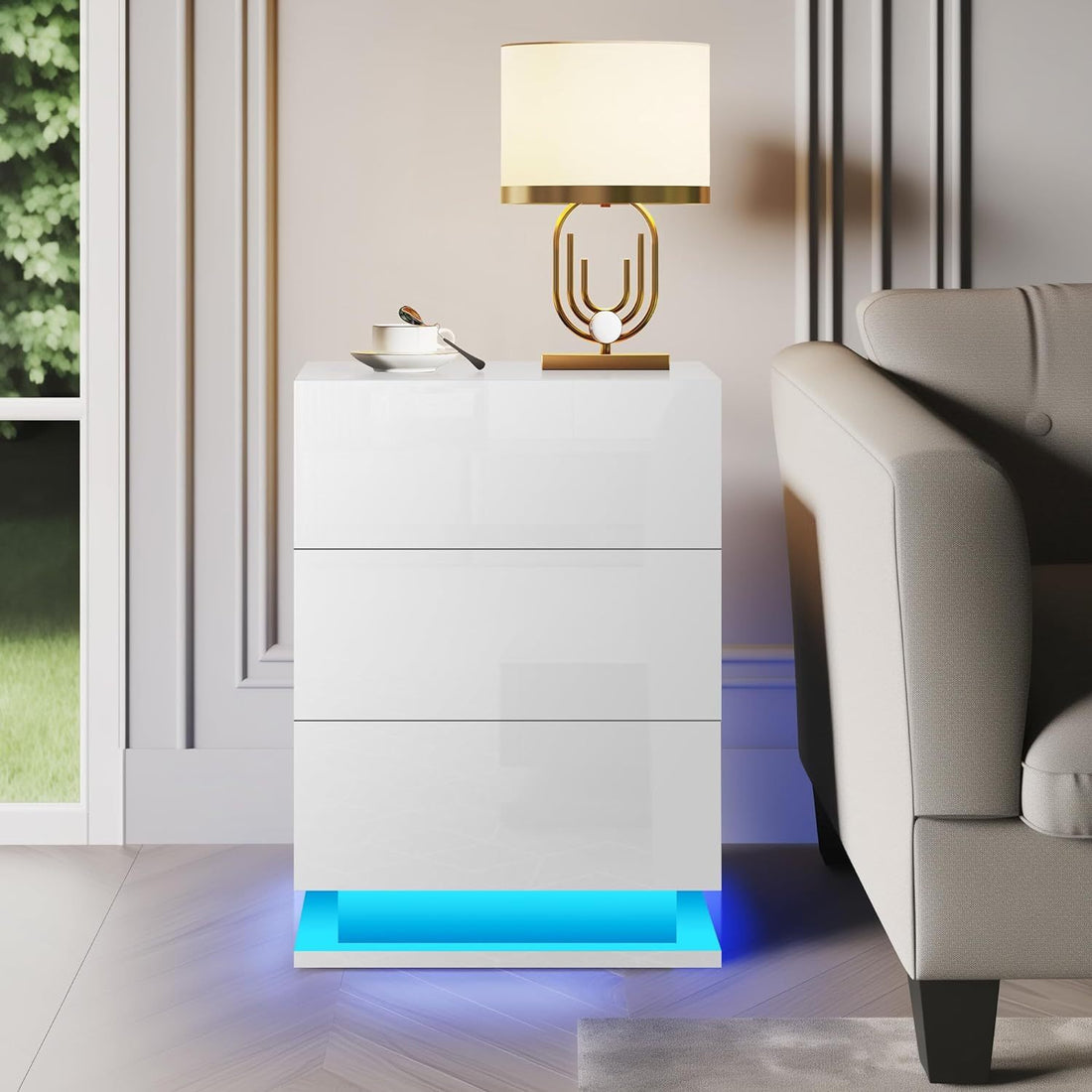 Led Nightstand With 3 Drawers,White Bedside Table ,Modern End Side Table For Bedroom White Particle Board