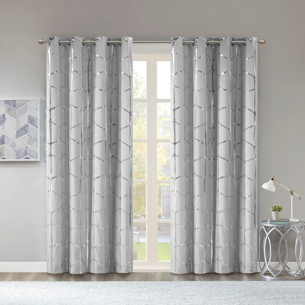 Total Blackout Metallic Print Grommet Top Curtain Panel Only 1 Pc Panel Grey Silver Microfiber