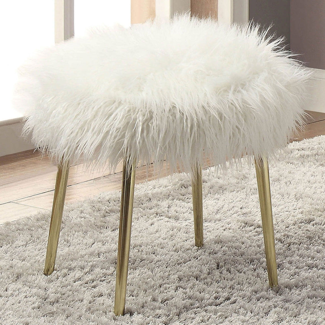 Contemporary Glam White Gold Fabric Faux Fur 1Pc Ottoman Upholstery Living Room Ottoman Seat White Gold Primary Living Space White Classic,Contemporary Square Solid Wood
