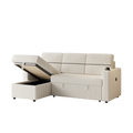 85 Inches Corduroy Sofa Bed, 3 Seater Sleeper Sofa With Storage Chaise, Square Handrail With Two Cup Holder And Usb Charge Port, Pull Out Couch For Living Room Beige Corduroy 3 Seat