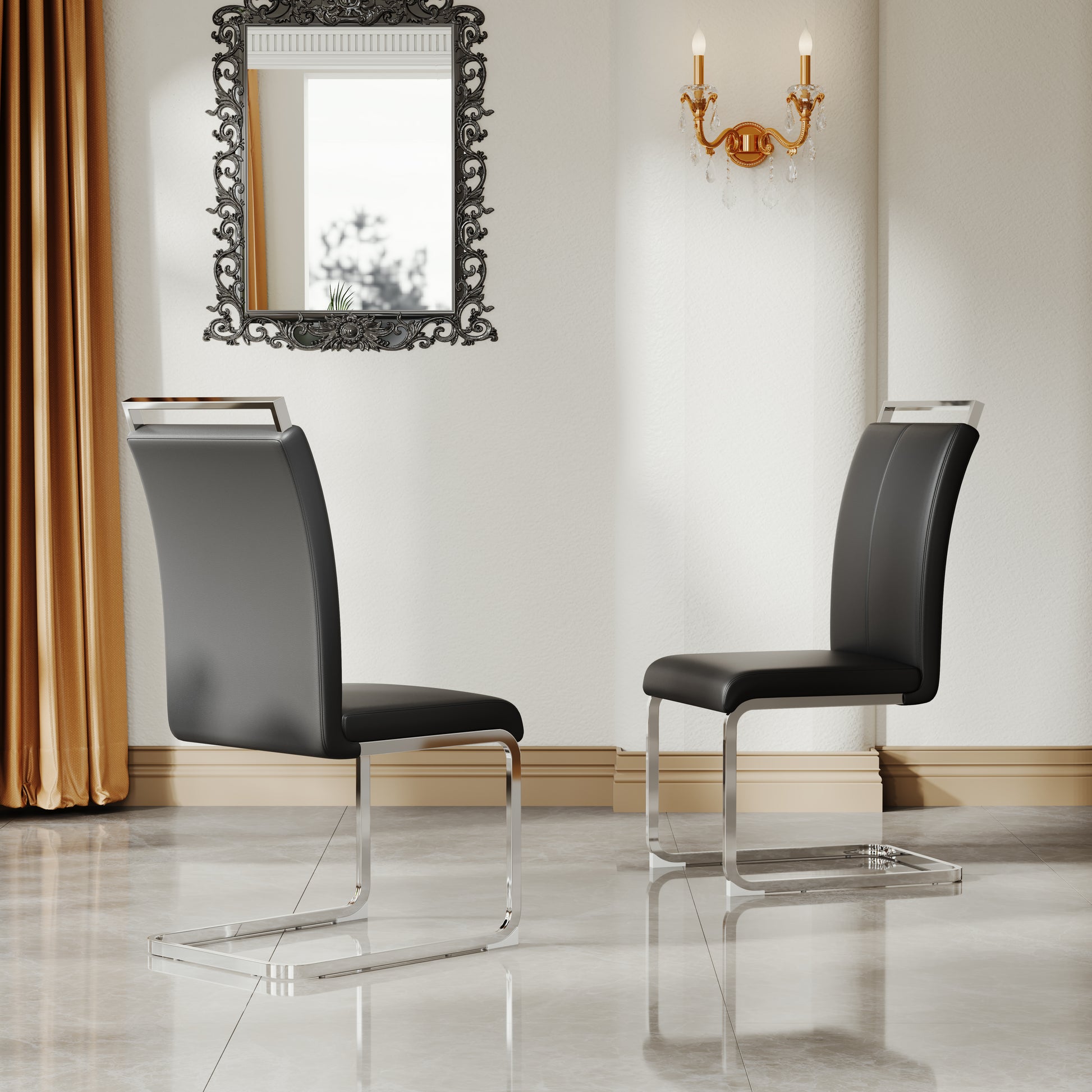 A Set Of 4 Artificial Leather Dining Chairs, Featuring An Arched Chair Design And Paired With Stainless Steel Legs. Black Silver Pu Leather