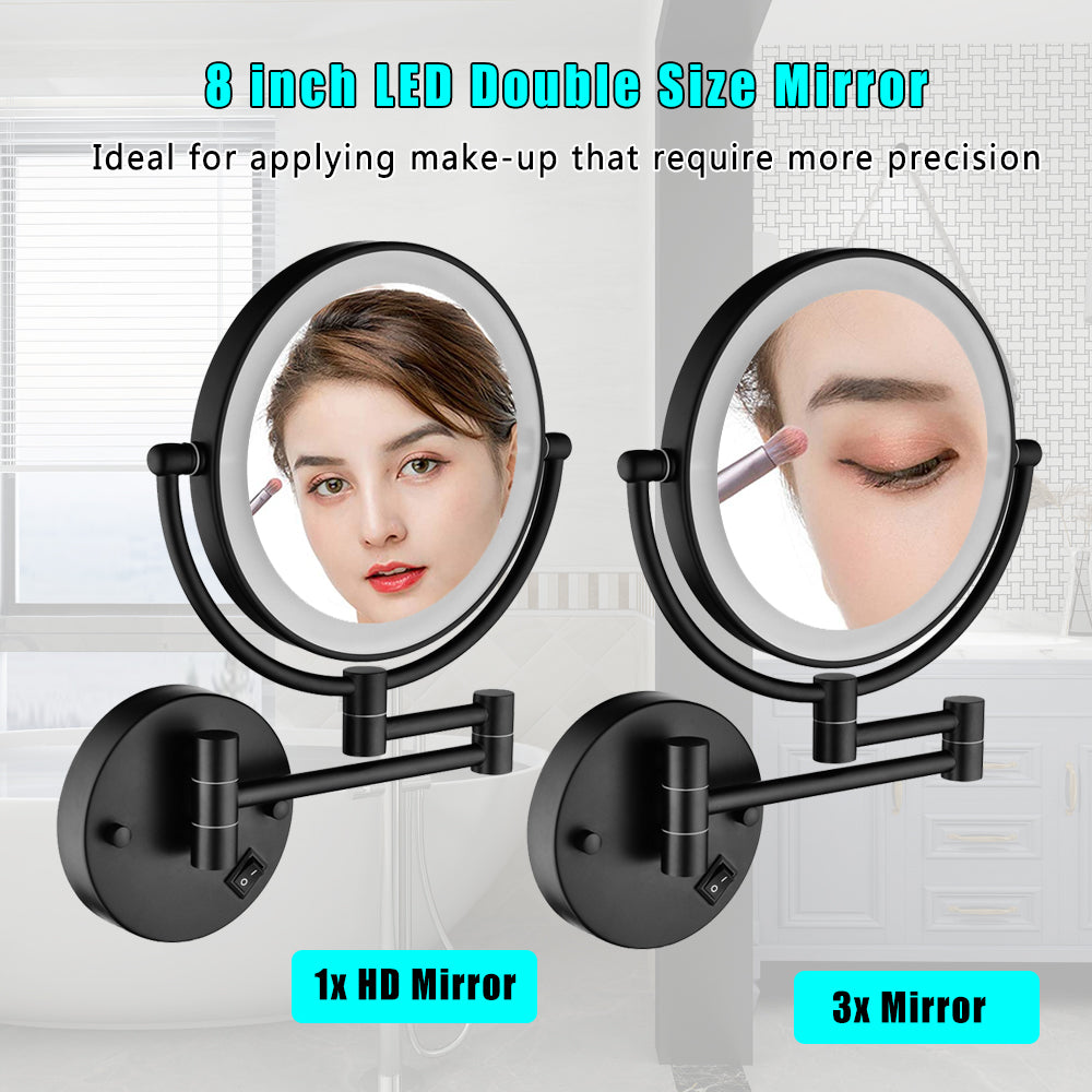 8 Inch Led Wall Mount Two Sided Magnifying Makeup Vanity Mirror 12 Inch Extension Matte Black 1X 3X Magnification Plug 360 Degree Rotation Waterproof Button Shaving Mirror Matte Black Stainless Steel