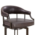 Nuf 30 Inch Swivel Barstool Armchair, Curved Round Back, Brown Faux Leather Black Brown Fabric Metal