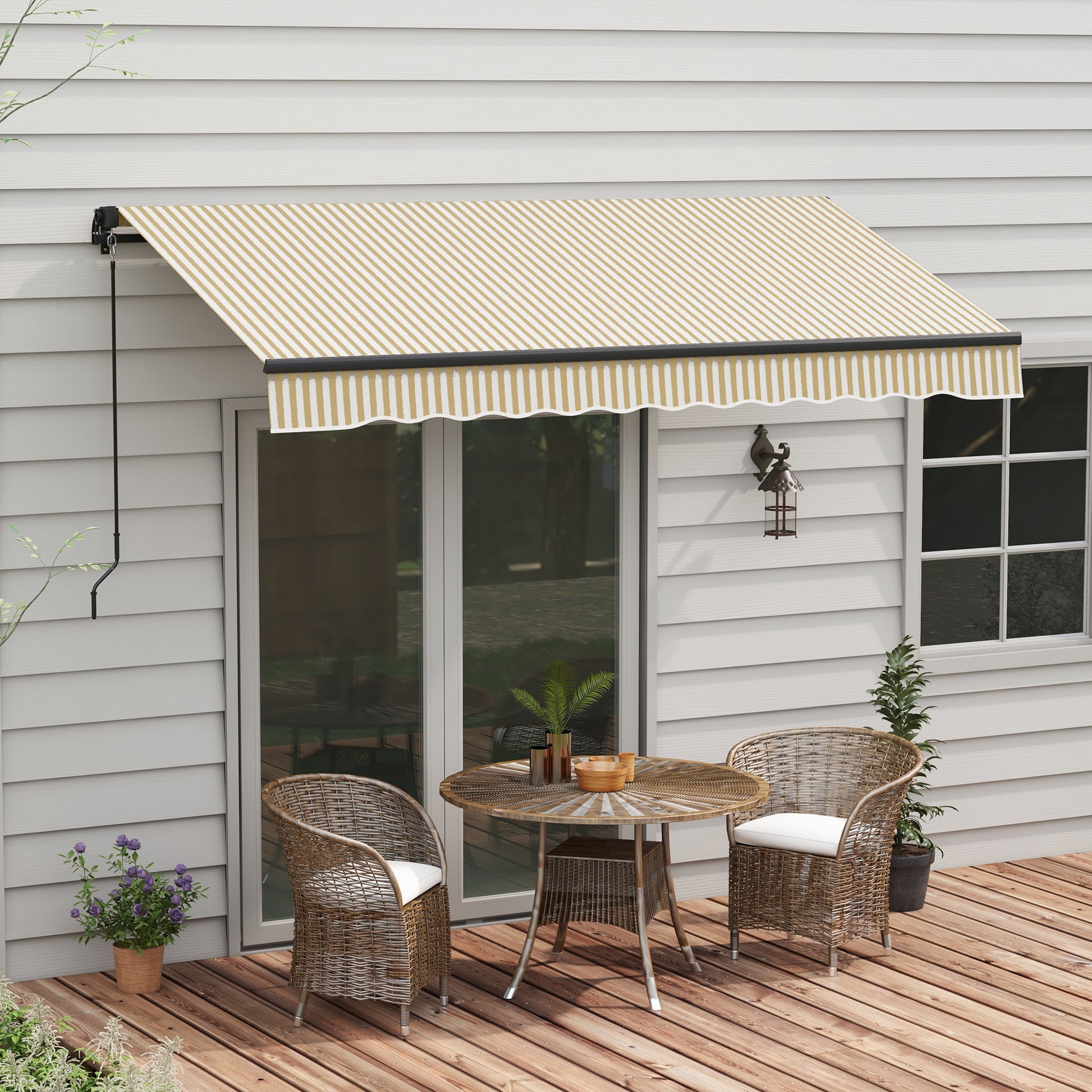 Outsunny 12' X 10' Retractable Awning, Patio Awning Sunshade Shelter With Manual Crank Handle, 280Gsm Uv Resistant Fabric And Aluminum Frame For Deck, Balcony, Yard, Beige And White Beige Polyester