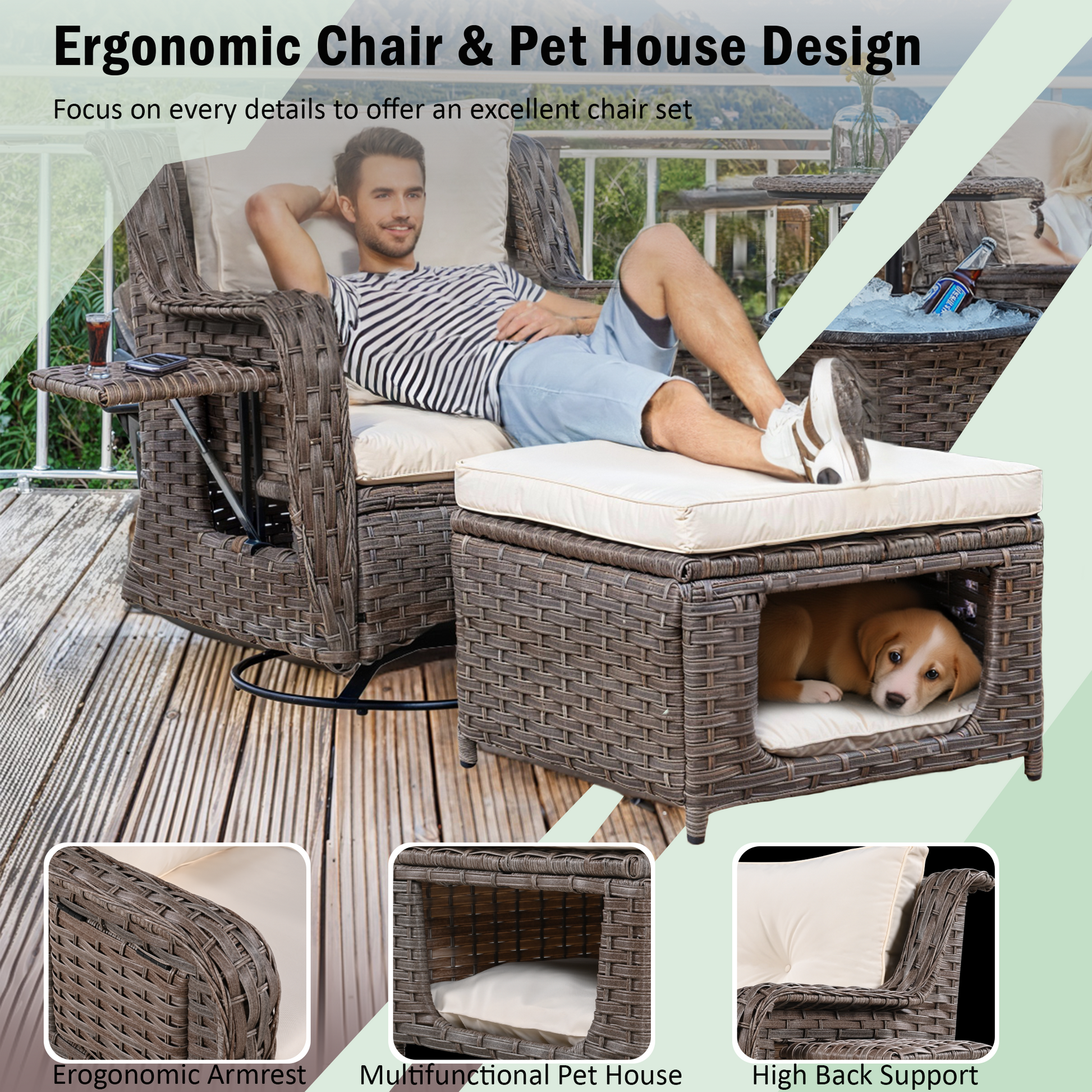 K&K 5 Pieces Outdoor Patio Furniture Set With Pet House Cool Bar And Retractable Side Tray, Rattan Wicker Patio Swivel Rocking Chairs Set Of 2 With Ottomans For Backyard, Porch, Balcony, Beige Yes Rocker & Glider Brown Beige Seats 2 Weather Resistant