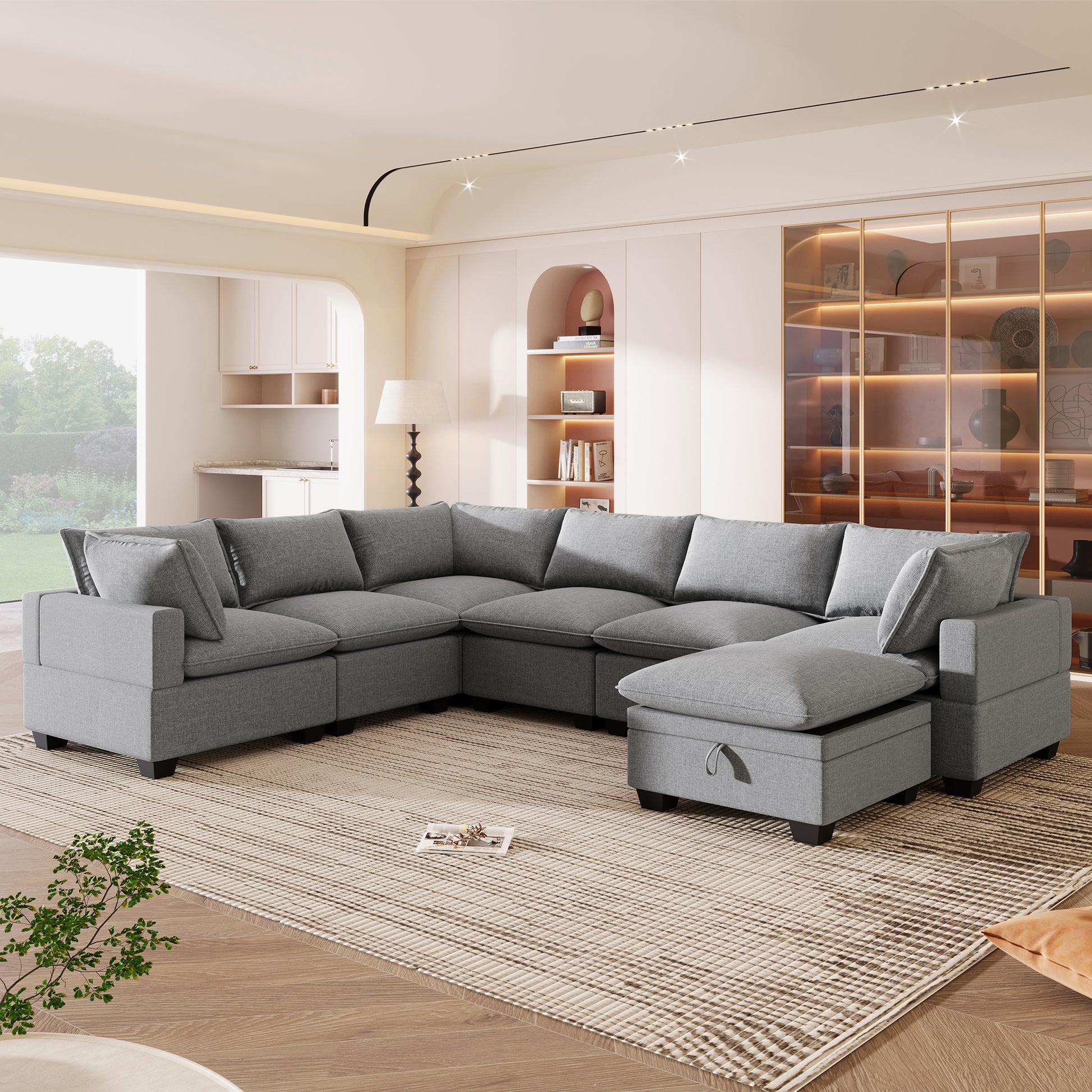 120*93" Modern U Shape Modular Sofa With Storage Ottoman,Luxury 7 Seat Sectional Couch Set With 2 Pillows Included,Freely Combinable Indoor Funiture For Living Room, Apartment Gray Polyester 7 Seat