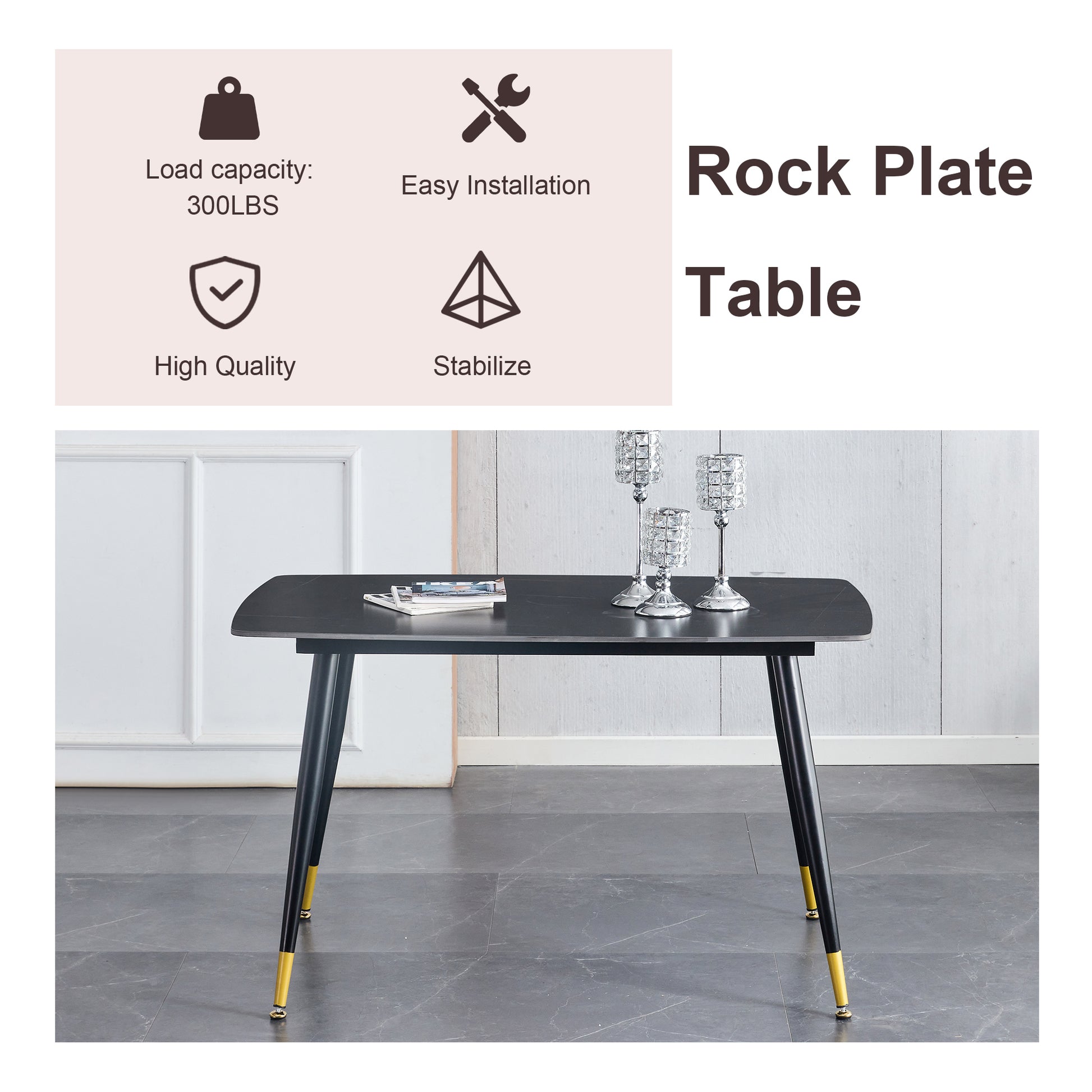 Table And Chair Set. Large Modern Rectangular Table With Black Textured Top And Black Metal Legs. Soft And Comfortable Pu Seats, Faux Leather Upholstered Seats And Sturdy Metal Legs. White Black Seats 4 Sintered Stone