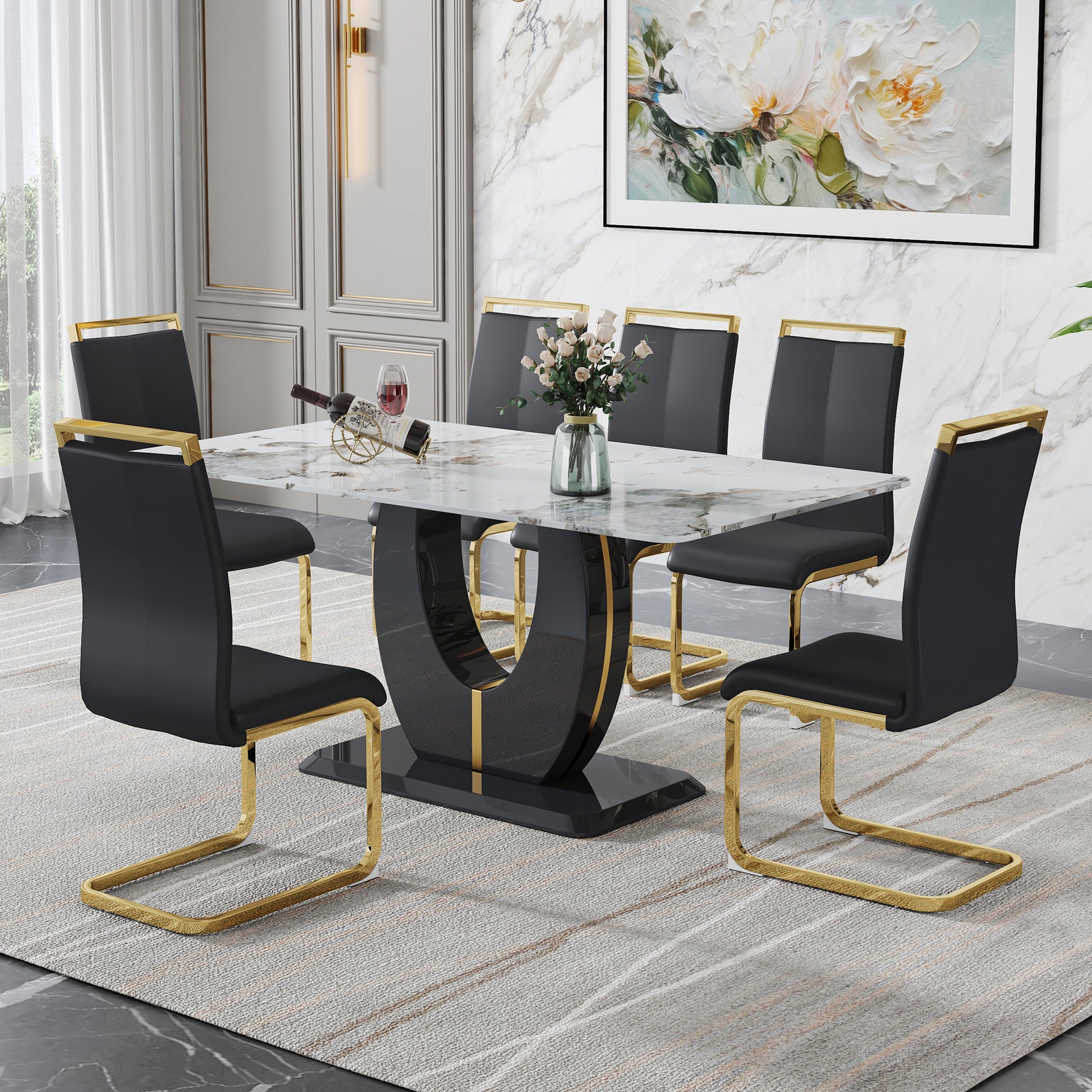 Table And Chair Set, Modern Dining Table, Patterned Table Top And Black Mdf Table Leg, Soft And Comfortable Dining Chair, Perfect For Dinner, Meetings, Home And Office Decor Black Mdf Glass