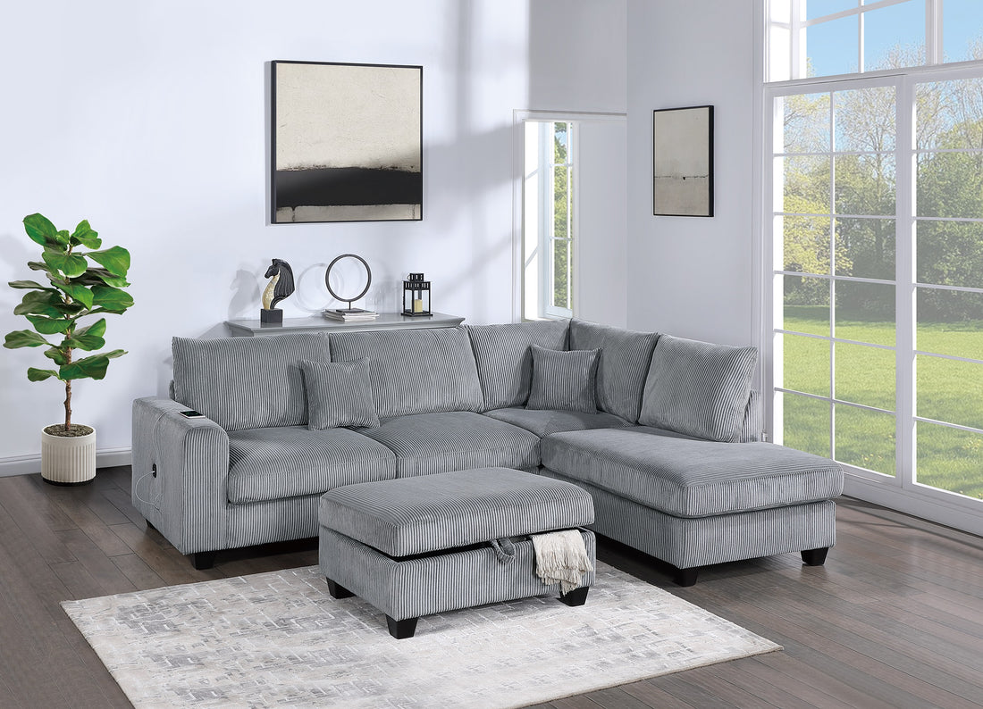 Contemporary 3Pc Sectional Set Fog Color Corduroy Couch Laf Sofa Raf Chaise Ottoman L Sectional Living Room Fog Primary Living Space Cushion Back Contemporary,Modern L Shaped Rubberwood Corduroy 6 Seat