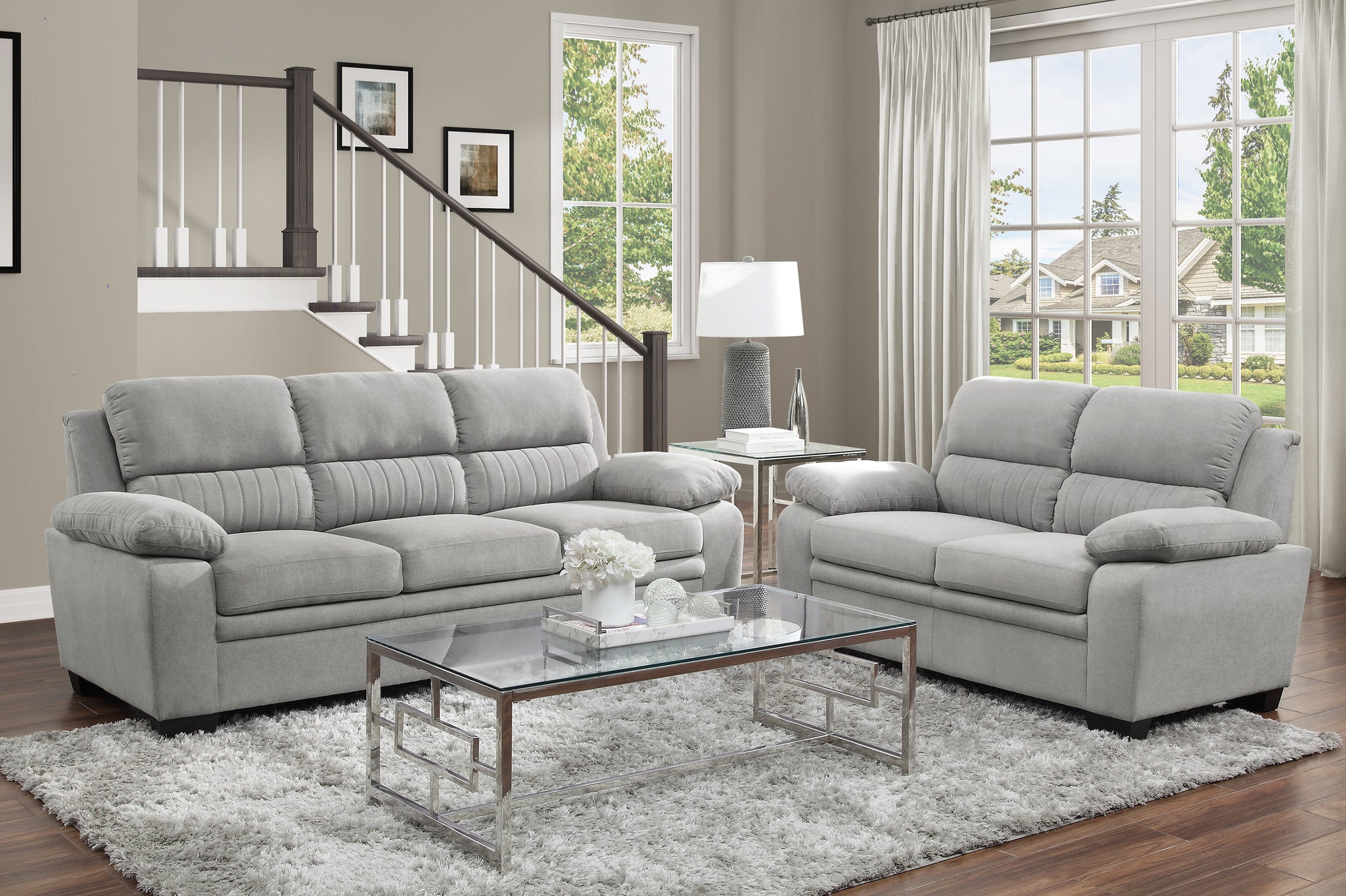 Modern Living Room 2Pc Sofa Set Plush Comfortable Sofa Loveseat Set Gray Textured Fabric Channel Tufting Solid Wood Frame Furniture Gray Polyester Wood Primary Living Space Contemporary Pillow Top Arms Solid Wood 5 Seat