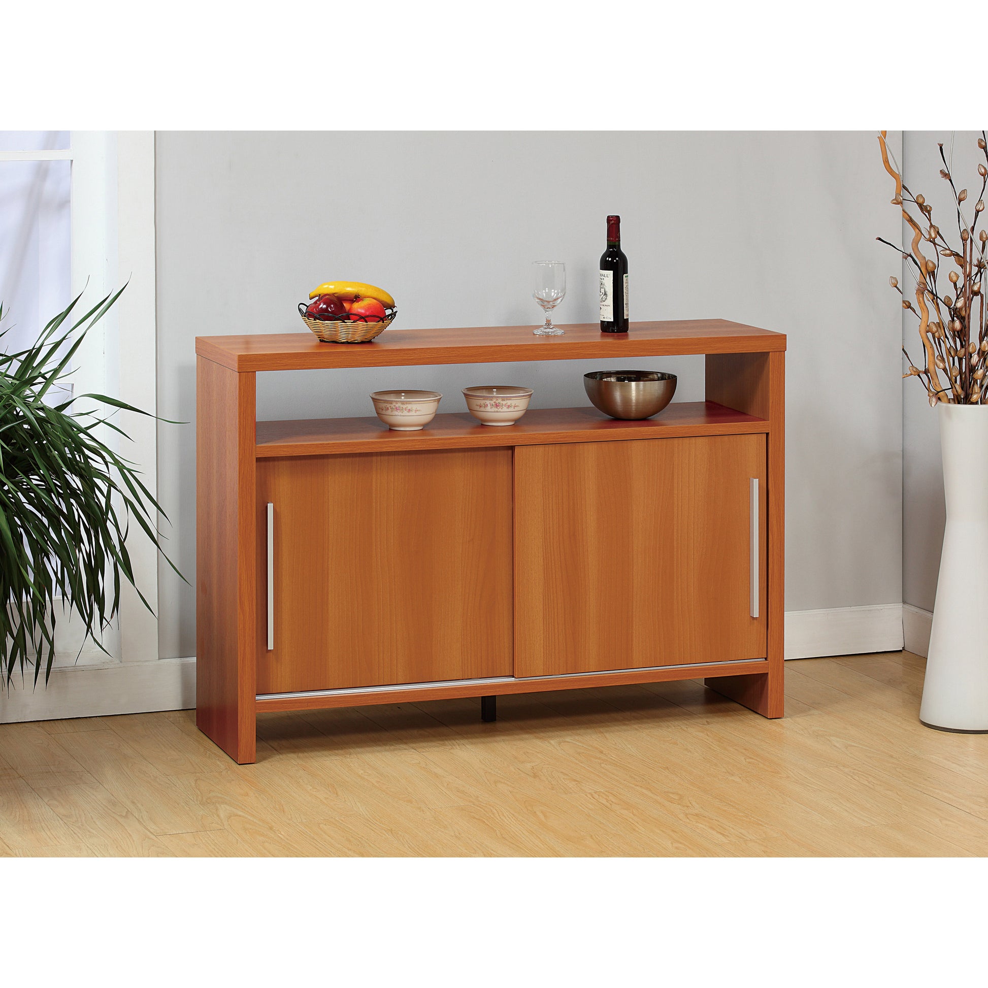 Sideboard Buffet Entry Cabinet Sliding Doors Metal Bar Handles Four Shelves Light Cherry Color Cherry Particle Board Mdf