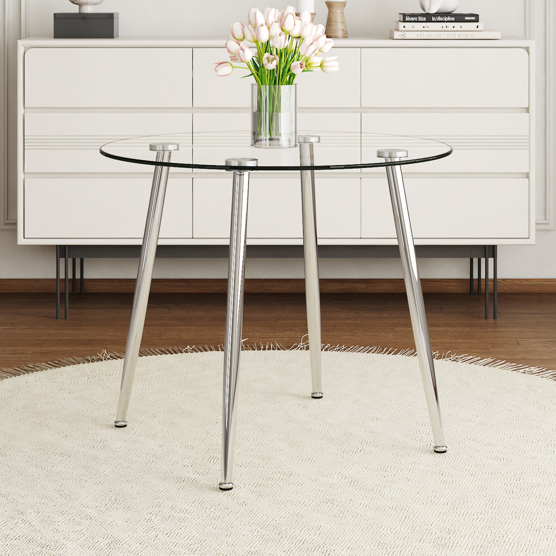 Round Dining Table With Glass Top, Silver Metal Legs, Exquisite Life,