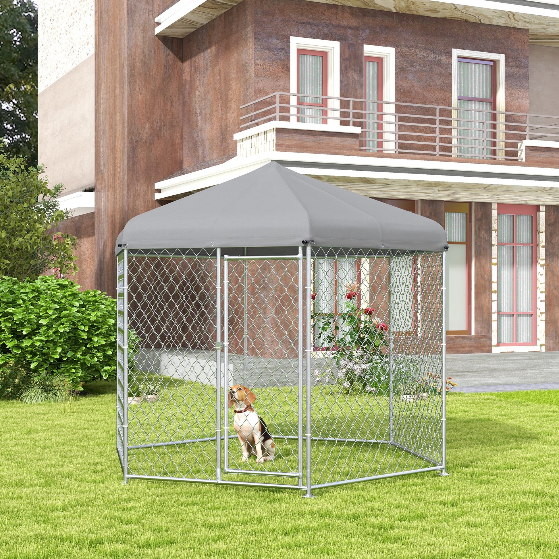 Pawhut 9.2' X 8' X 7.7' Dog Kennel Outdoor Dog Run With Waterproof, Uv Resistant Roof, Lockable Door, For Medium And Large Sized Dogs, Silver Silver Steel