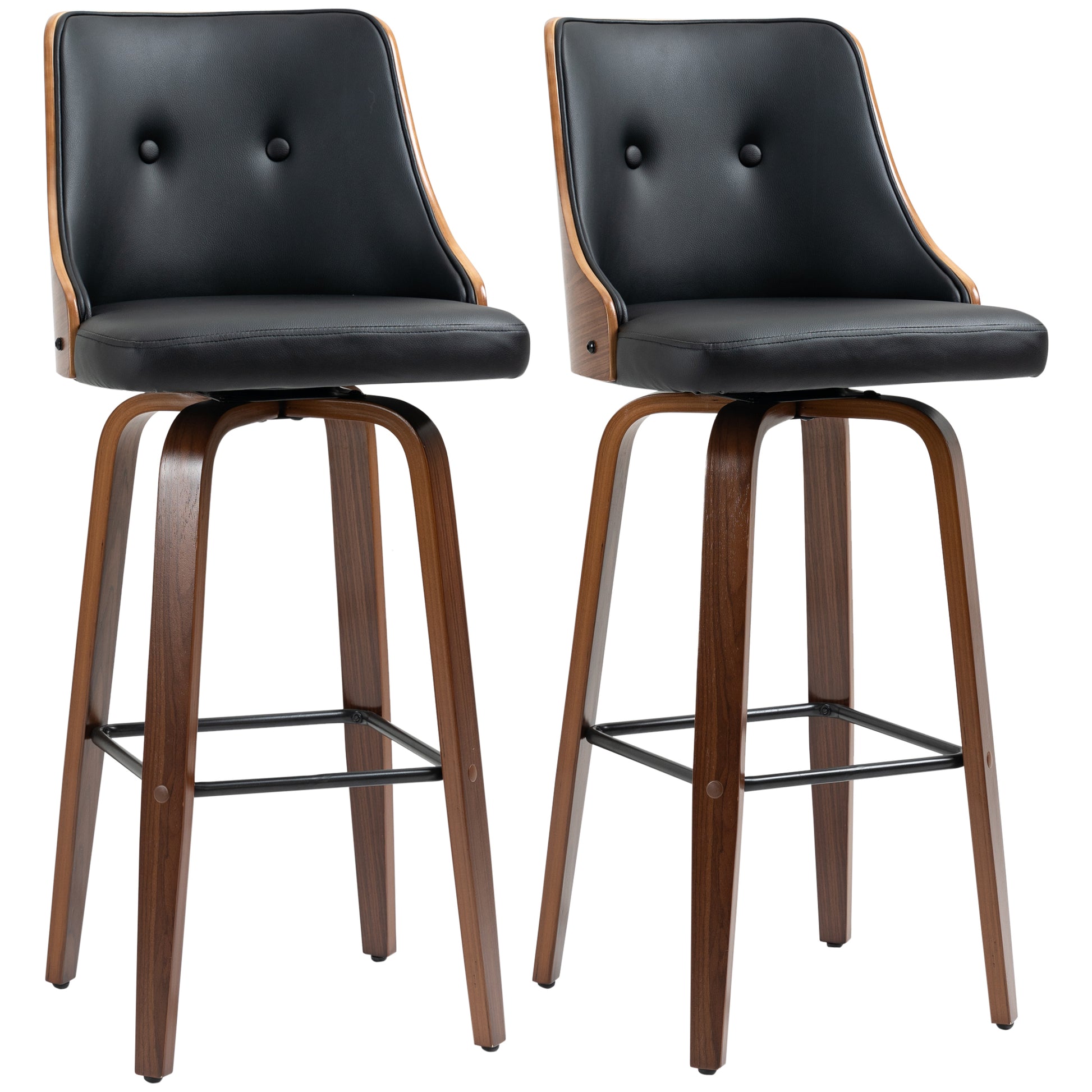 Homcom Bar Height Bar Stools, Pu Leather Swivel Barstools With Footrest And Tufted Back, Set Of 2, Black Black Wood