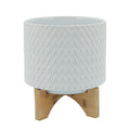 Ceramic Planter With Chevron Pattern And Wooden Stand, Small, White White Wood