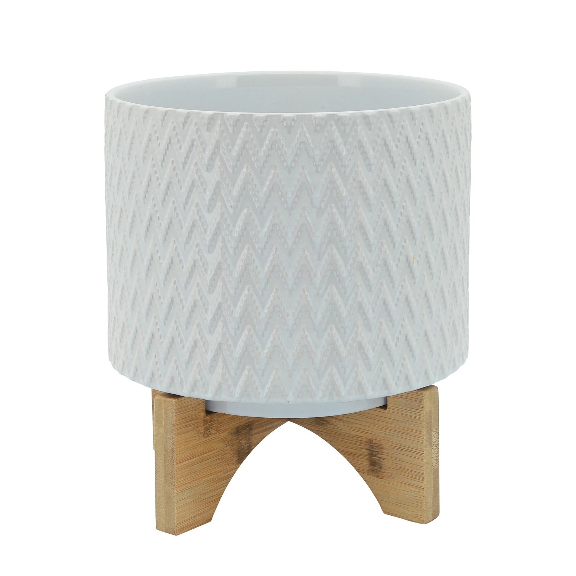 Ceramic Planter With Chevron Pattern And Wooden Stand, Small, White White Wood