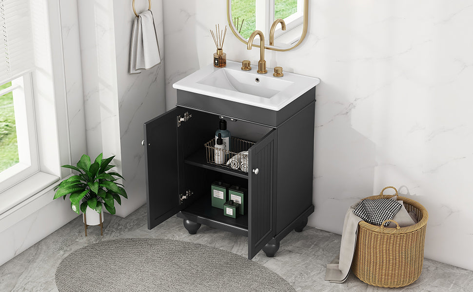 24" Black Modern Sleek Bathroom Vanity Elegant Ceramic Sink With Solid Wood Frame, Adjustable Shelf Black Solid Wood Mdf