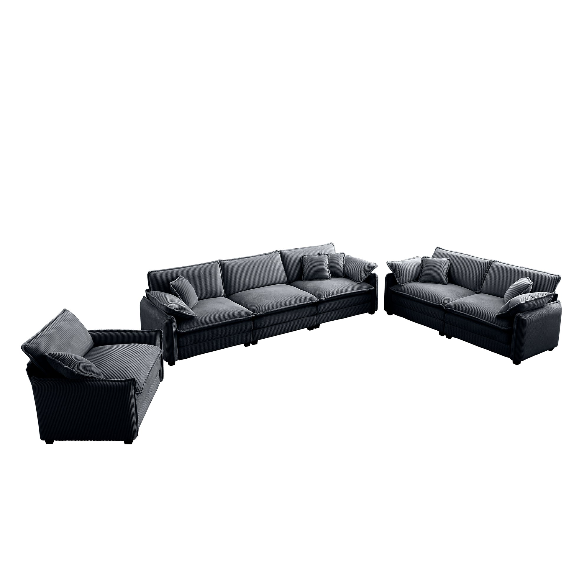 3 Piece Comfortable Oversized Sectional Sofa, One Single Sofa And One 2 Seater Sofa And One 3 Seater Sofa ,Grey Corduroy Deep Seat Sofa Grey Corduroy 6 Seat