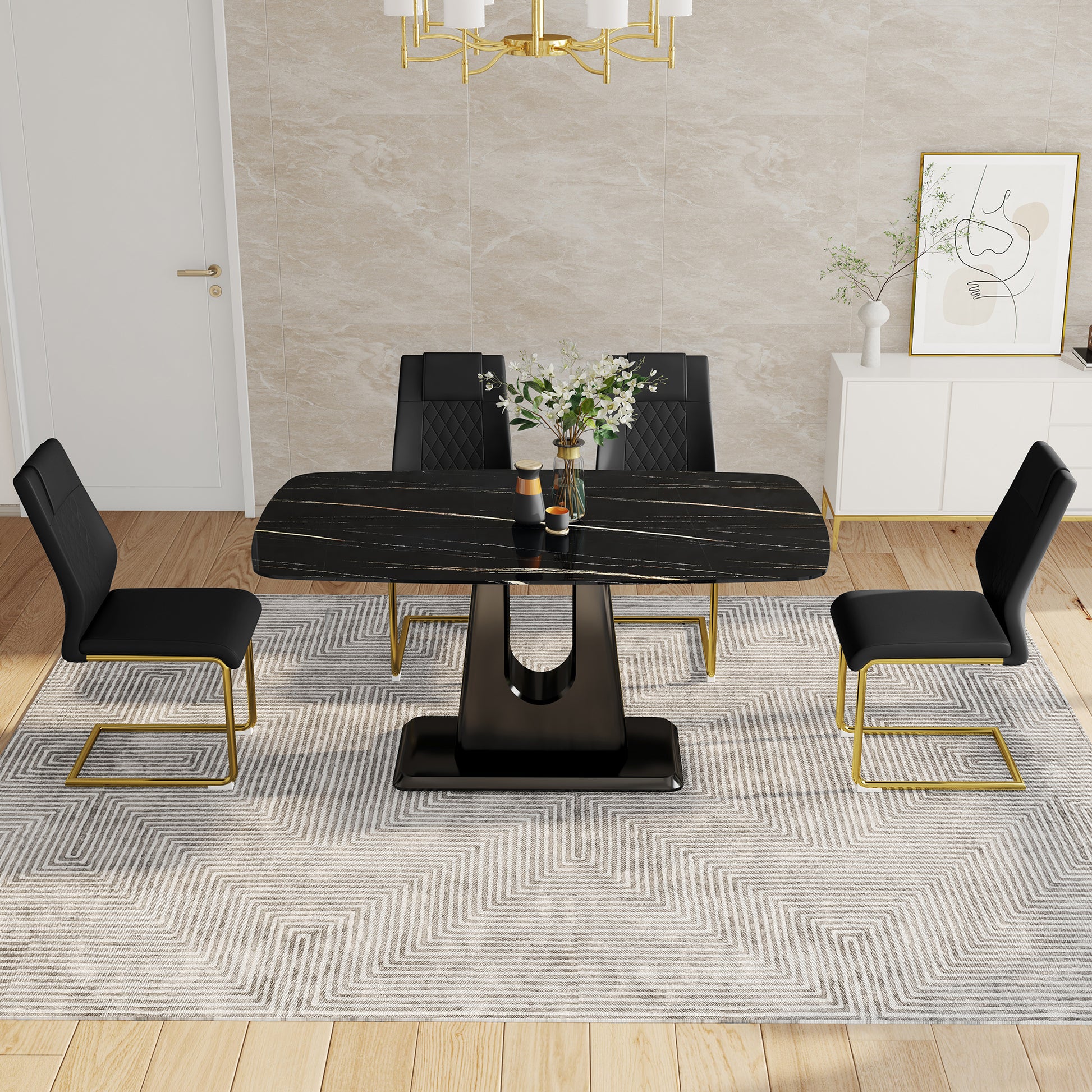 Table And Chair Set, Minimalist Dining Table, Imitation Marble Patterned Glass Tabletop, Mdf Legs With U Shaped Brackets. Paired With Comfortable Chairs, Suitable For Dining And Living Rooms. Black Gold Mdf Glass