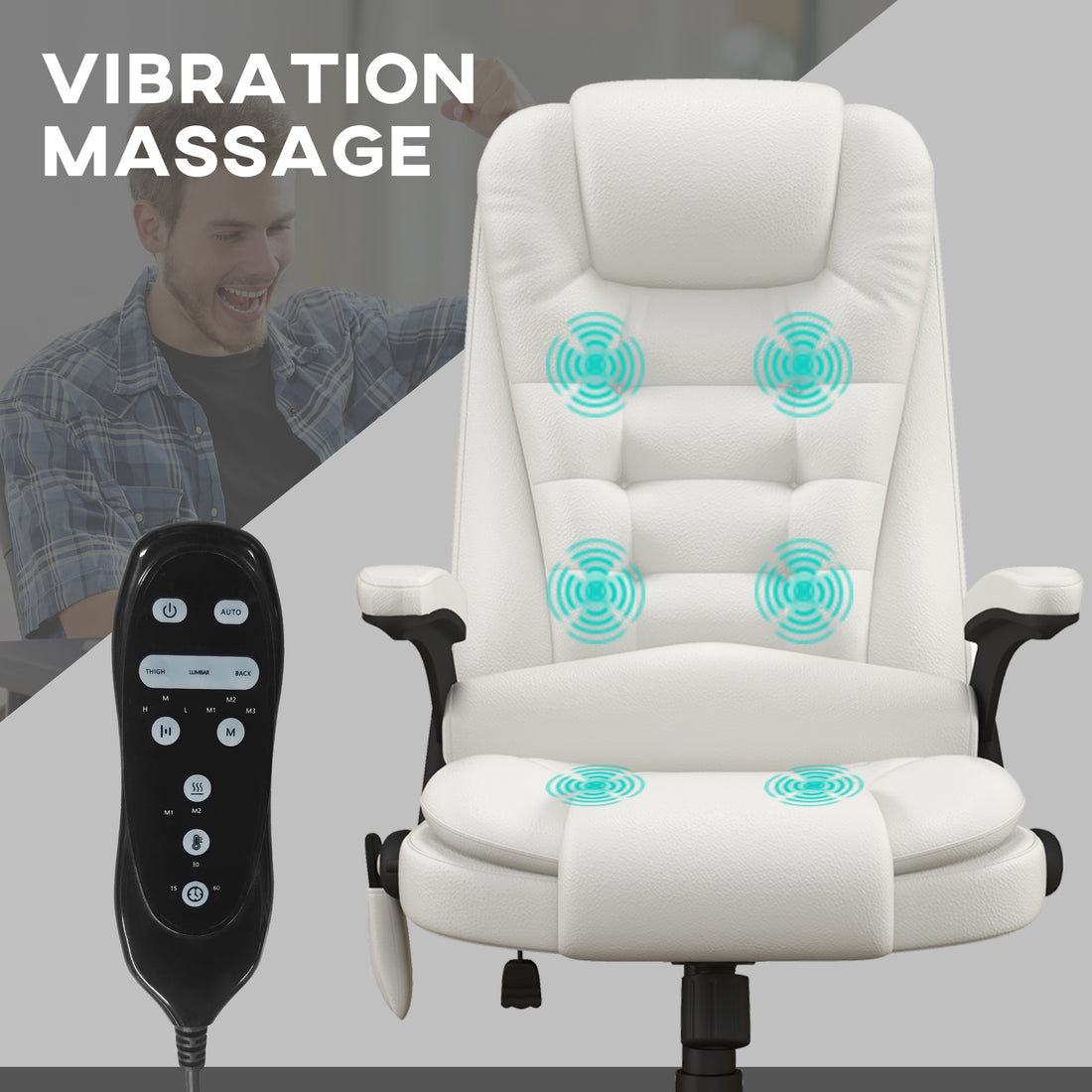 Homcom High Back Vibration Massage Office Chair With 6 Vibration Points, Heated Reclining Pu Leather Computer Chair With Armrest And Remote, White White Pu