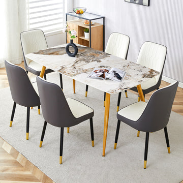 Table And Chair Set.Modern Minimalist Dining Table. White Imitation Marble Pattern Sintered Stone Desktop With Golden Metal Legs.Paried With 6 Comfortable Chairs With Pu Seats And Black Metal Legs.