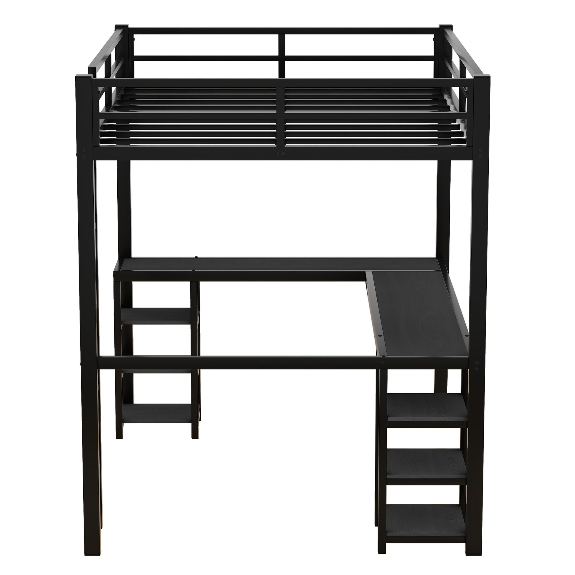 Full Metal Loft Bed With Desk And Shelves, Loft Bed With Ladder And Guardrails, Loft Bed Frame For Bedroom, Black With Black Desk Full Black Metal