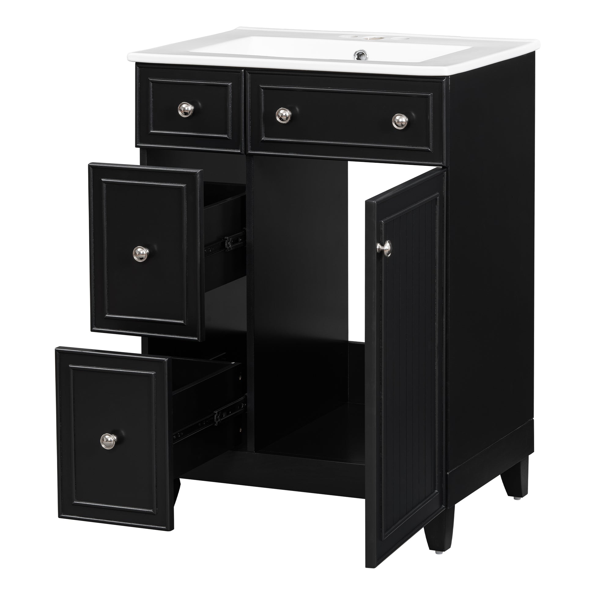 24 Inch Bathroom Vanity Cabinet With Ceramic Sink, 2 Drawers, 1 Door Black Bathroom Solid Wood Mdf