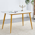 Modern Minimalist Dining Table. White Imitation Marble Patterned Stone Burning Tabletop With Golden Metal Legs. 50 