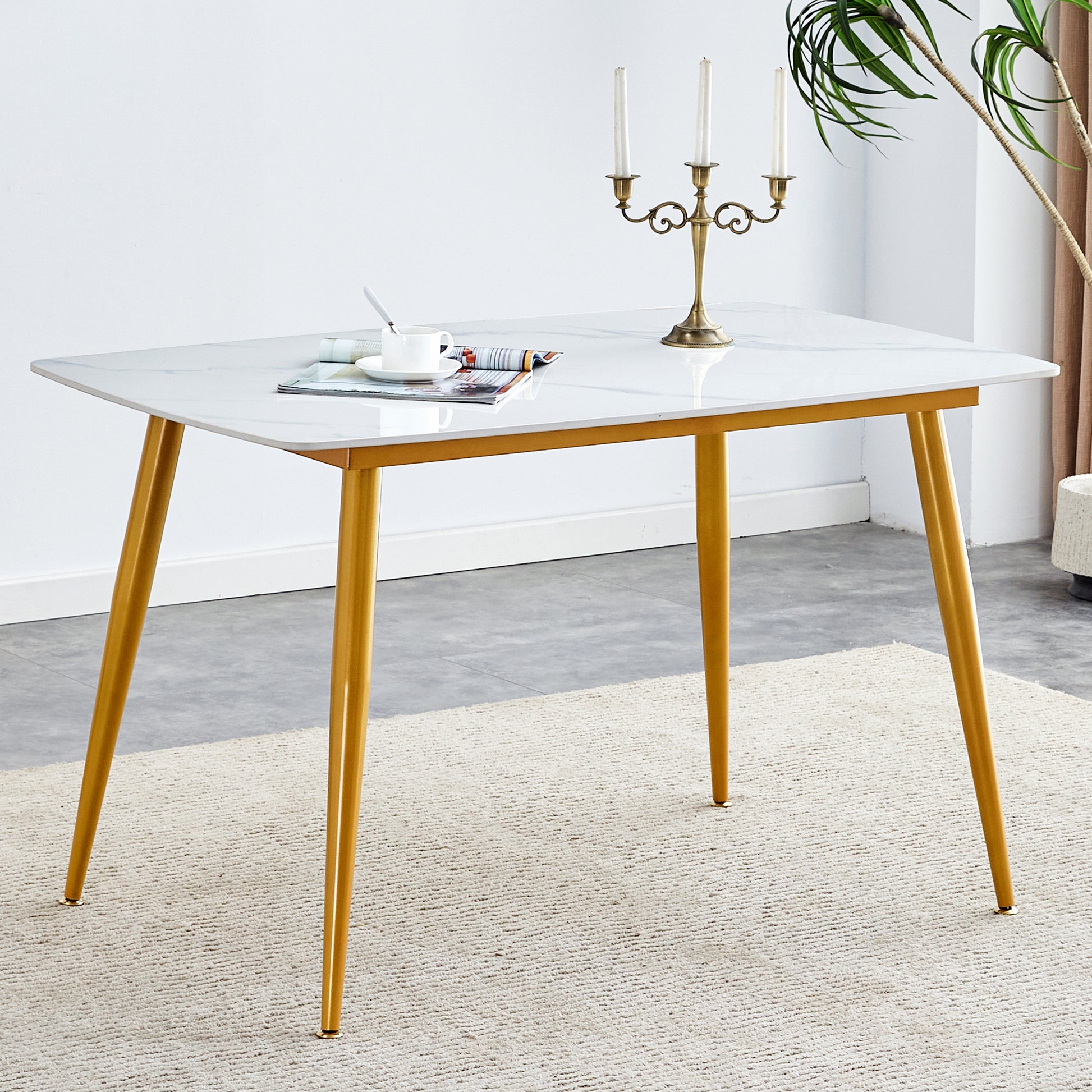 Modern Minimalist Dining Table. White Imitation Marble Patterned Stone Burning Tabletop With Golden Metal Legs. 50 "* 30" * 30 "F 001 Gold Sintered Stone