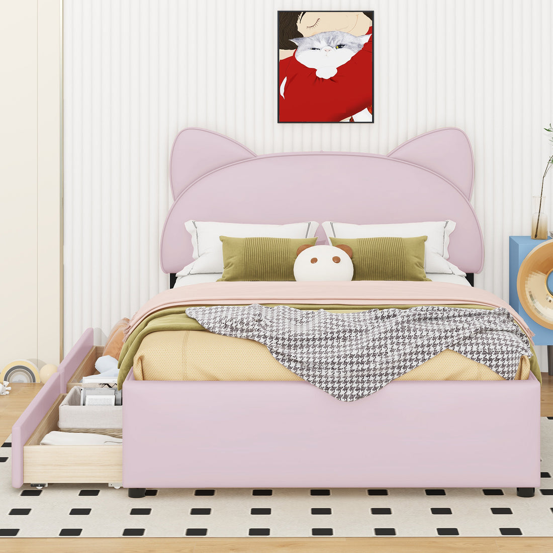 Full Size Upholstered Platform Bed With Cartoon Ears Shaped Headboard And 2 Drawers, Pink Box Spring Not Required Full Pink Wood Bedroom Bed Frame Faux Leather Upholstered