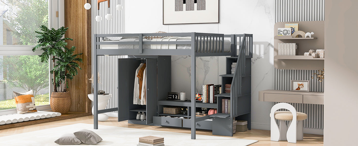 Full Size Loft Bed Frame With Wardrobe,Low Storage Table And Storage Staircase,Gray Gray Solid Wood Mdf