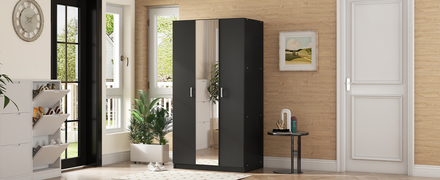 3 Door Wardrobe With Mirror, Armoire With Hanging Rod And 3 Fixed Shelves,Black Black Particle Board