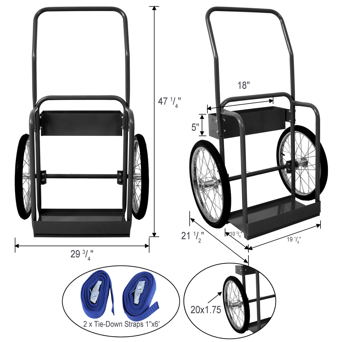 Large Dual Oxygen Tank Cart Dolly Double Cylinder Cart, 20" Pneumatic Wheels Includes Two Fastening Belts ,Black Black Steel