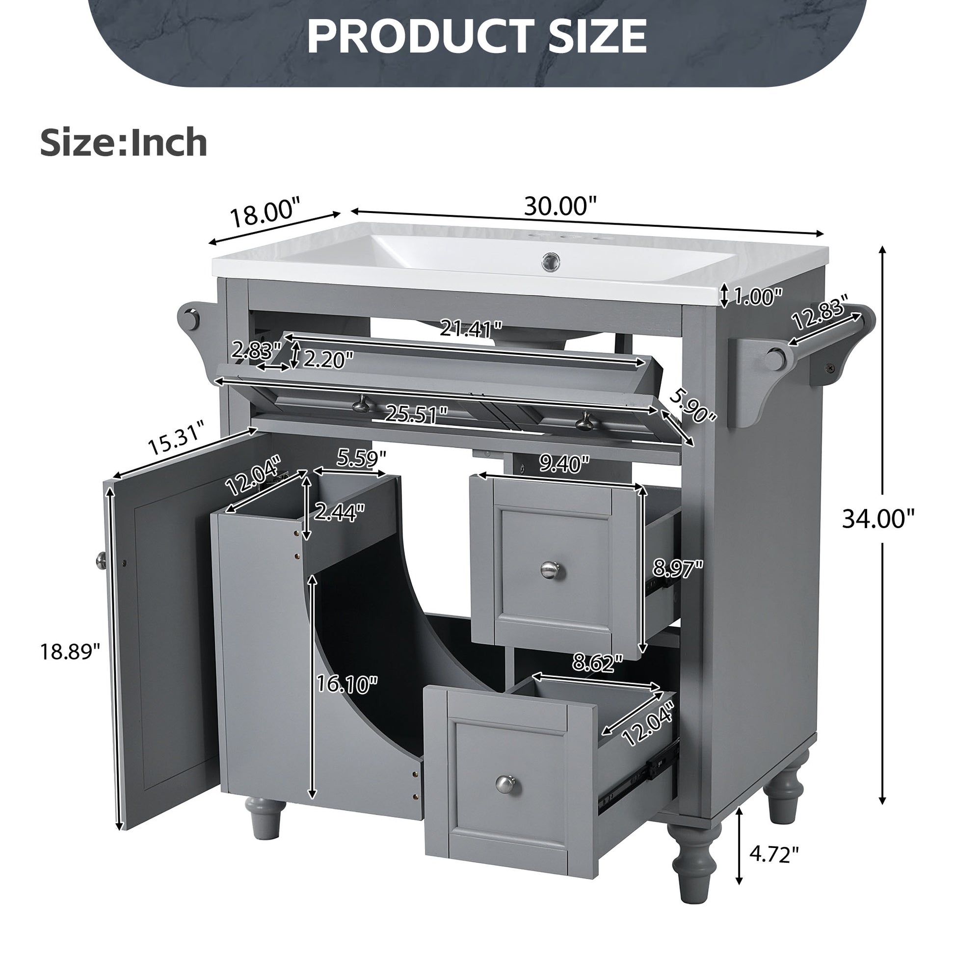30'' Bathroom Vanity With Top Sink, Modern Bathroom Storage Cabinet With 2 Drawers And A Tip Out Drawer, Single Sink Bathroom Vanity Same As N710S130001E Grey Bathroom Modern Solid Wood Mdf Resin