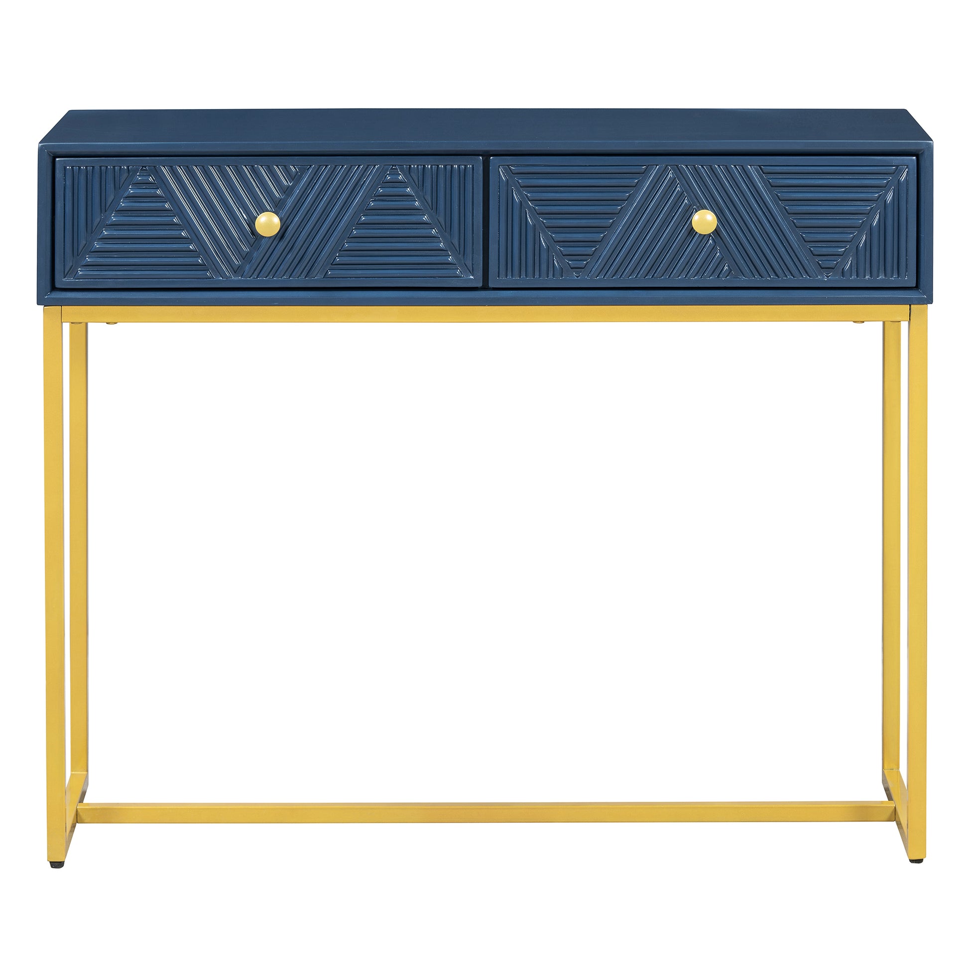 Modern Sleek Console Table Two Drawers With Stripe Design For Living Room And Entryway Navy Navy Mdf