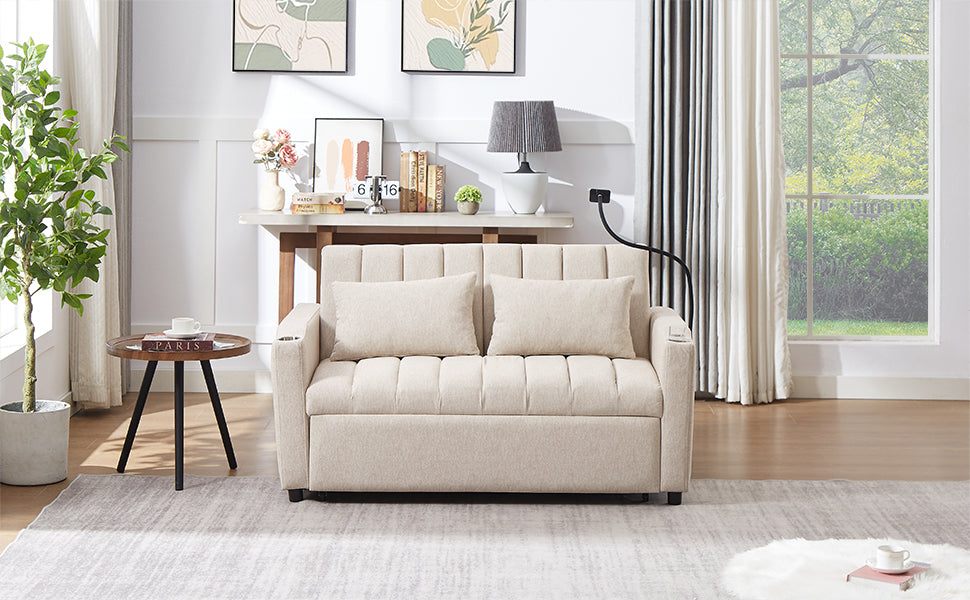 55.9" Convertible Sofa Bed Loveseat Sofa With Three Usb Ports, Two Side Pockets, Two Cup Holders And 360 Swivel Phone Holder For Living Room, Beige Beige Foam Polyester