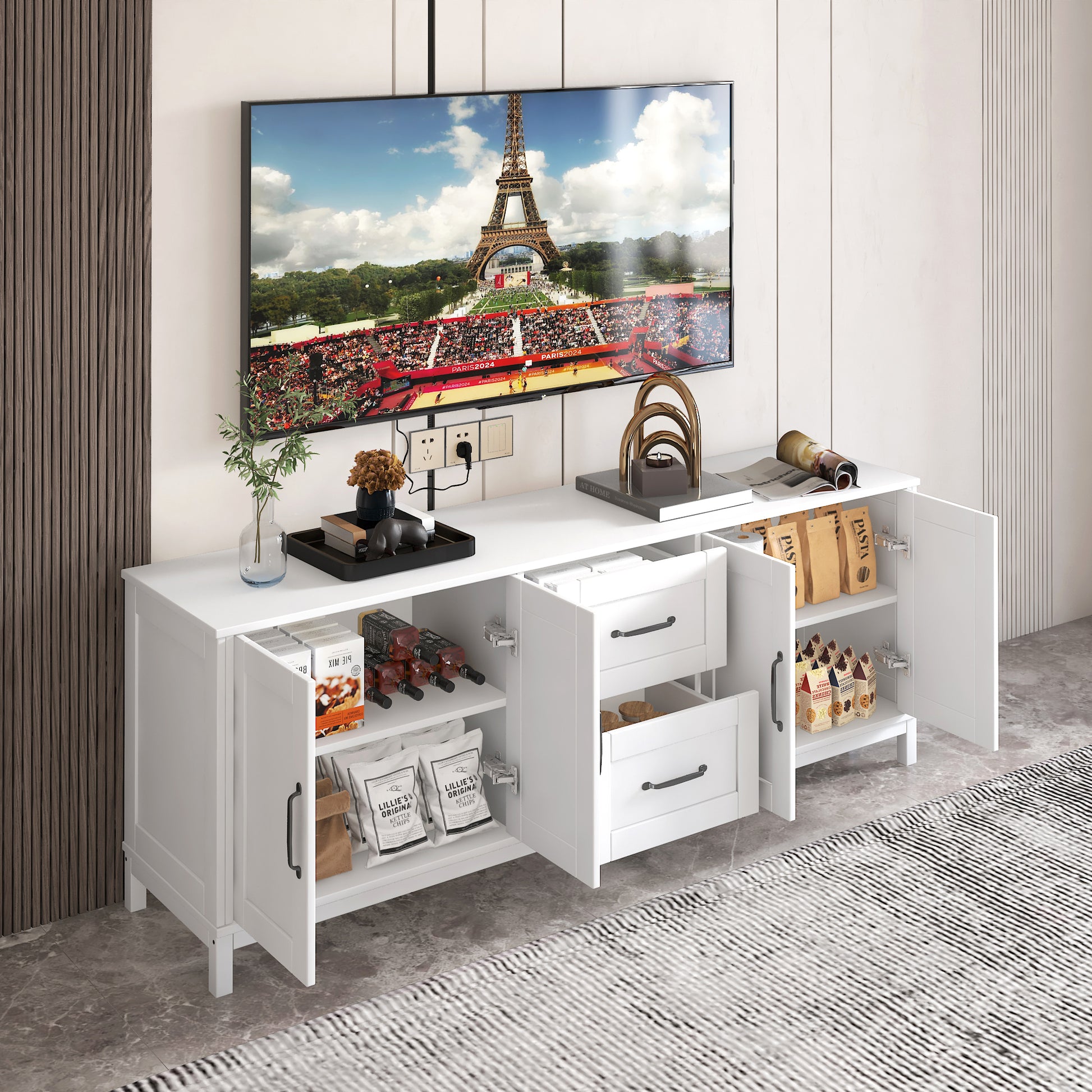 Modern White Tv Stand With Drawers And Cabinet For Organized Entertain